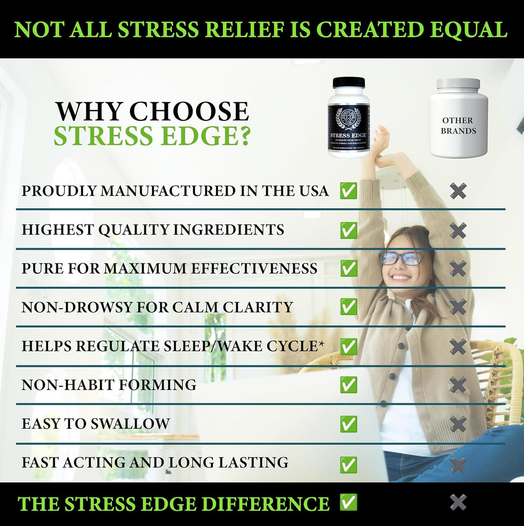 Stress Edge Suplemento para el Alivio del Estrés, Mejorador del Estado de Ánimo Natural, Formulado por Médicos, Calma Mente y Cuerpo, Mejora el Sueño, Acción Rápida, 30 Dosis