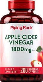 Piping Rock Cápsulas de Vinagre de Manzana 1800 mg | 200 Cápsulas | Fórmula Potente | Complemento para Hombres y Mujeres | No OGM, Sin Gluten