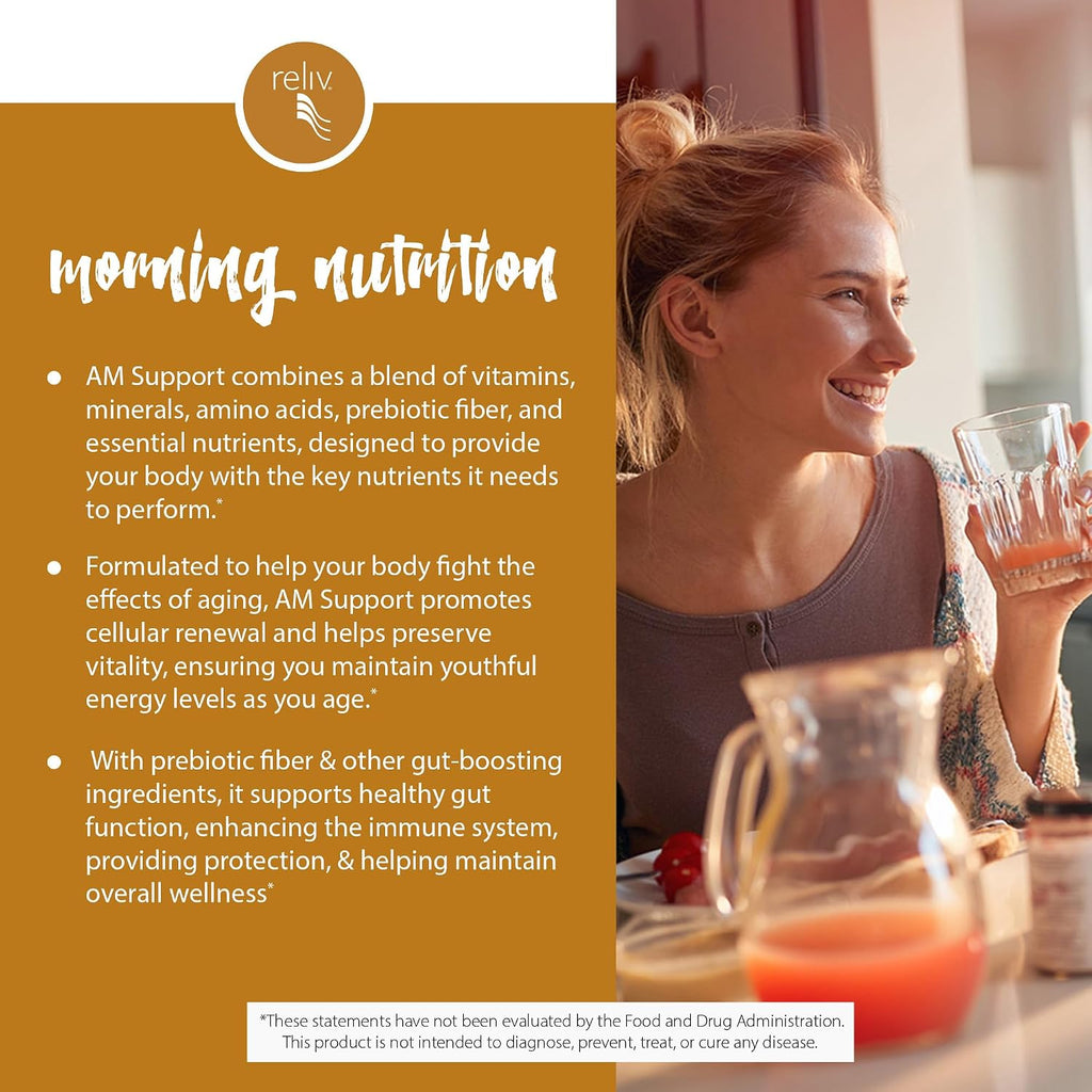 AM Support Mezcla Matutina de Nutrición – Cero Calorías Apoyo Nutricional GLP-1 con Vitaminas, Minerales, Aminoácidos, Fibra Prebiótica, Baobab, Ginseng y Colágeno Marino - Melocotón Mango - 30 Servicios