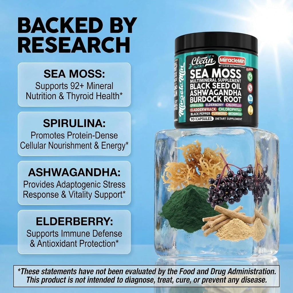 Clean Nutra Cápsulas Orgánicas de Musgo Marino con Ashwagandha, Aceite de Semilla Negra, Raíz de Bardana, Musgo de Vejiga, Moringa, Chlorella, Espirulina, Cúrcuma, Saúco, Amla – 90 Cápsulas Veganas – MiracleMin