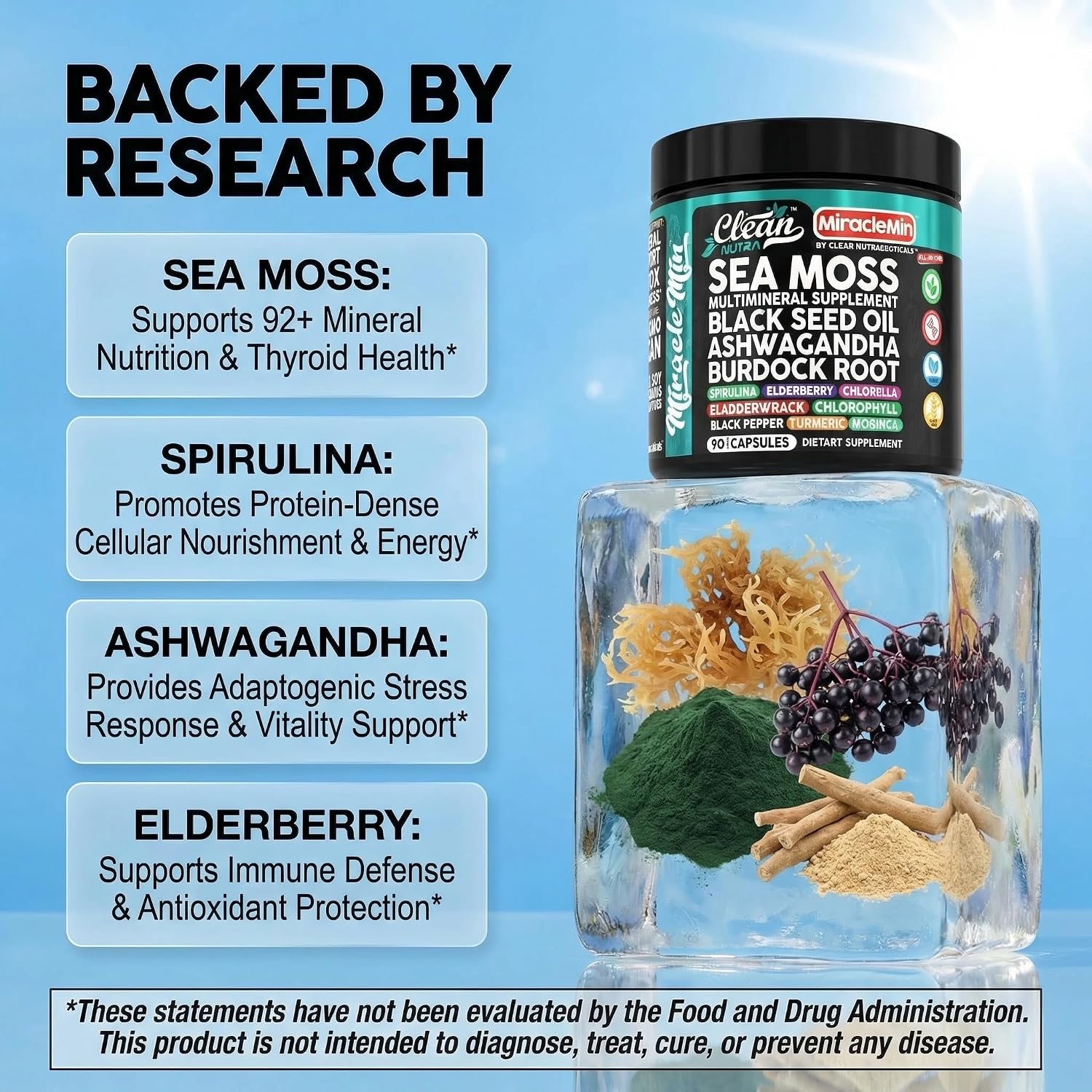 Clean Nutra Cápsulas Orgánicas de Musgo Marino con Ashwagandha, Aceite de Semilla Negra, Raíz de Bardana, Musgo de Vejiga, Moringa, Chlorella, Espirulina, Cúrcuma, Saúco, Amla – 90 Cápsulas Veganas – MiracleMin