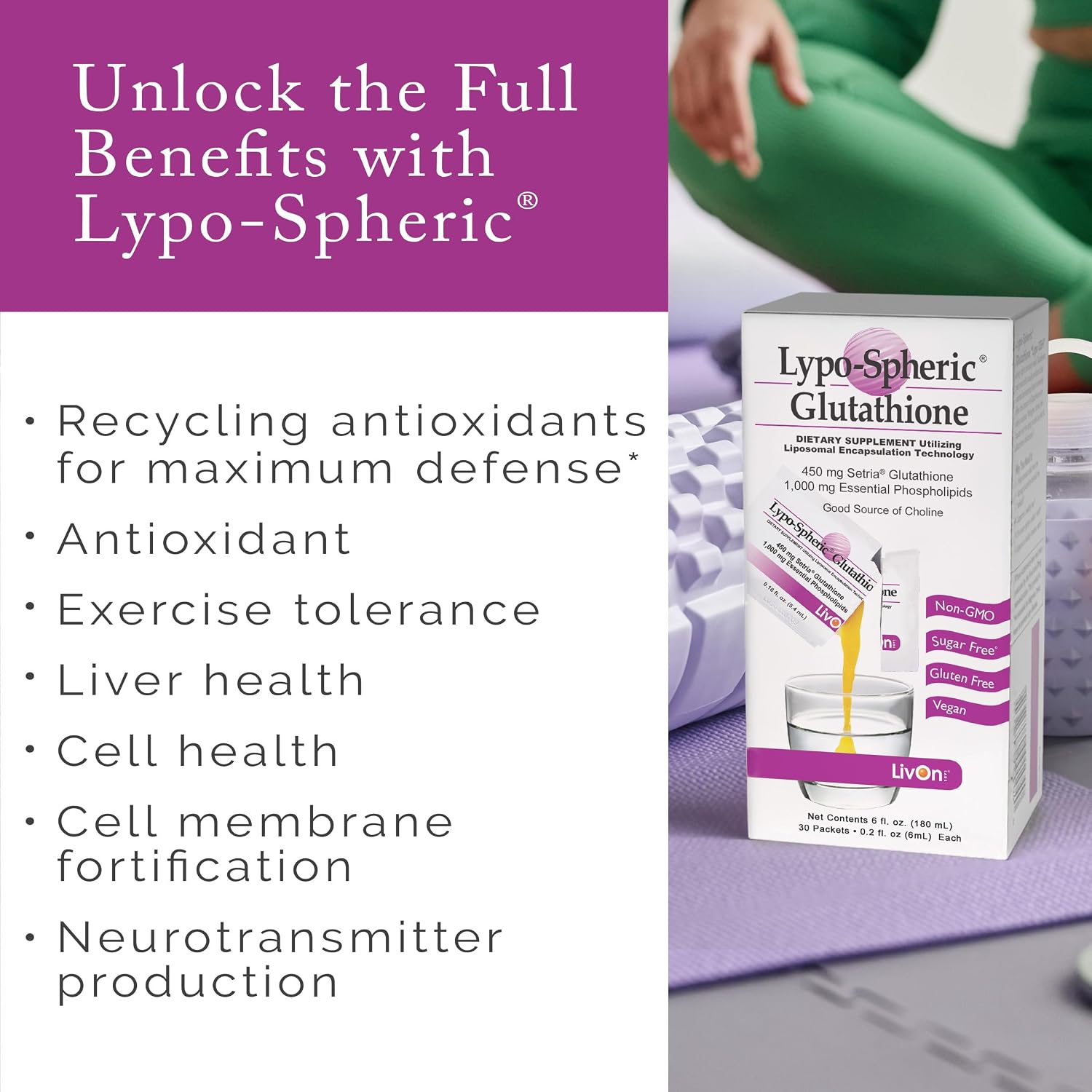 LivOn Laboratories Lypo-Spheric Glutathione - 30 sobres de 450 mg