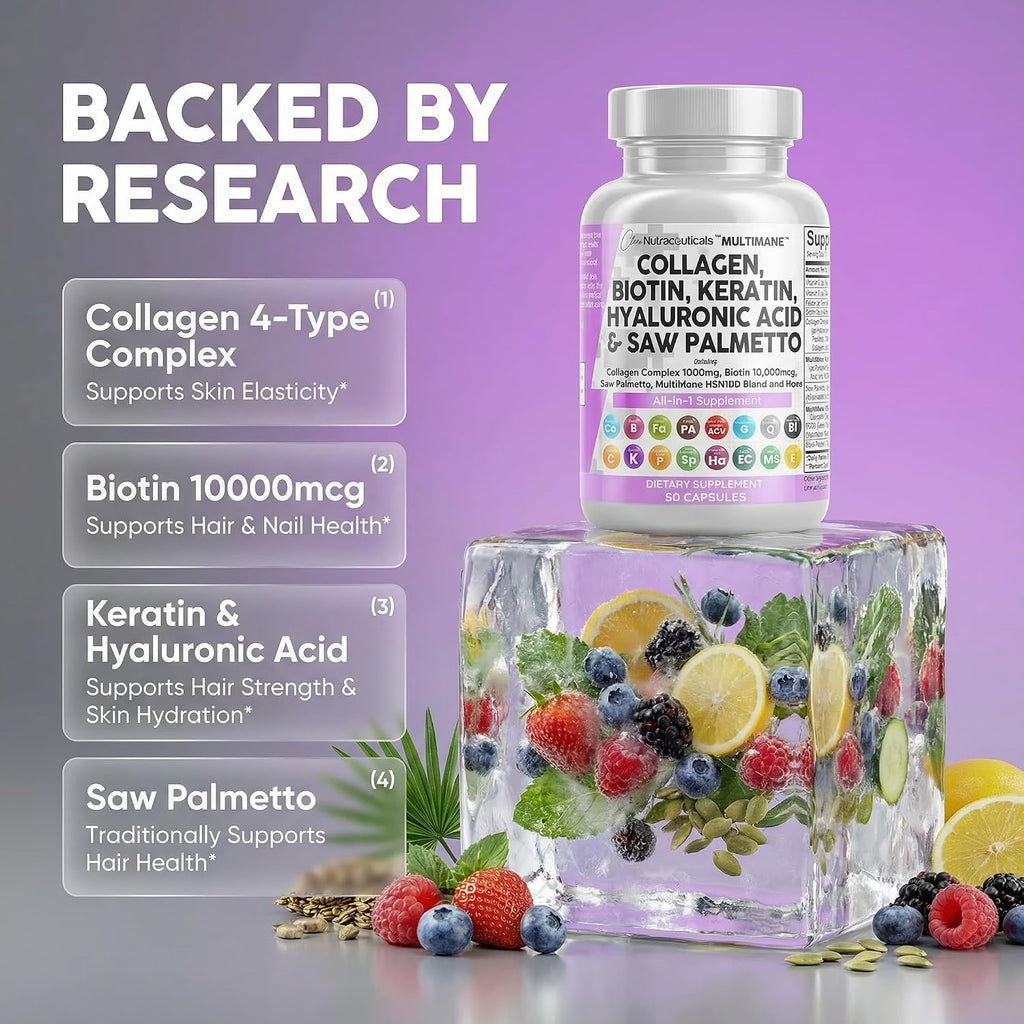 Clean Nutraceuticals Cápsulas de Colágeno 1000mg con Biotina 10000mcg, Keratina, Saw Palmetto y Ácido Hialurónico - 90 Cápsulas