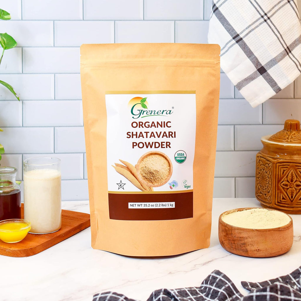 Grenera Organic Shatavari Powder - Raíz de Shatavari Orgánica USDA - Un Solo Ingrediente, Sin OGM, Sin Gluten - Asparagus racemosus - Fácil de Mezclar - Bolsa Resellable de 1 kg