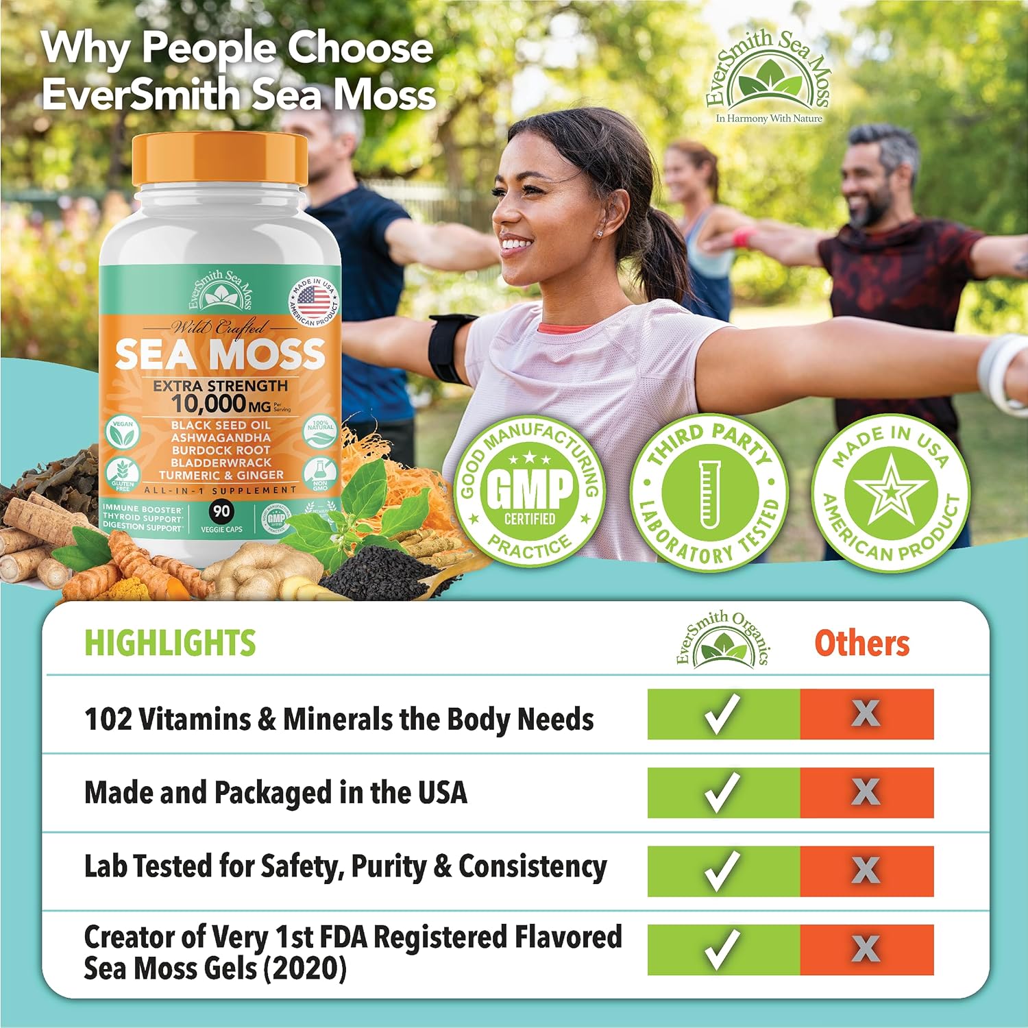 EverSmith Organics Irish Sea Moss 3,500mg, Black Seed Oil 2,000mg, Bladderwrack 1,000mg, Burdock Root - 90 Cápsulas