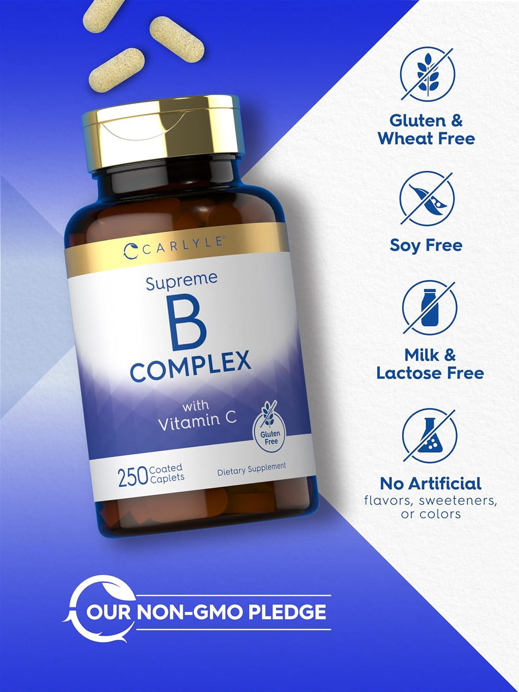 Carlyle Complejo de Vitaminas B con Vitamina C | 250 Comprimidos | Suplemento para Mujeres y Hombres | Vegetariano, Sin OGM y Sin Gluten