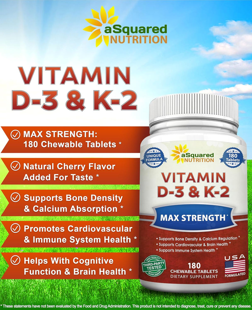 aSquared Nutrition Vitamina D3 con K2 MK-7 - 180 Pastillas Masticables