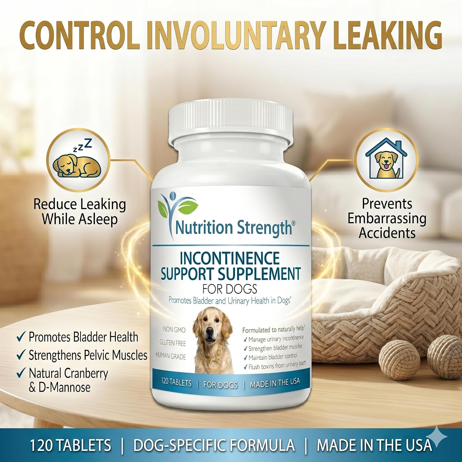 Nutrition Strength Suplemento para la Incontinencia en Perros, Apoyo Orgánico para el Control de la Vejiga, 120 Comprimidos Masticables