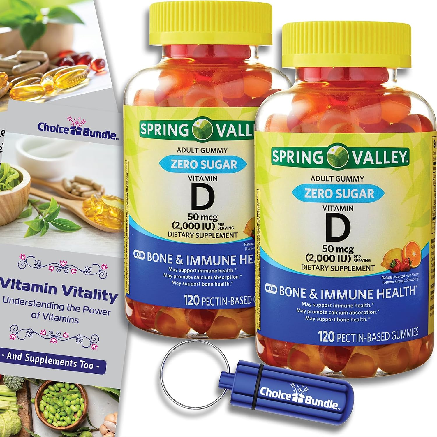 Pack de 2: Gomitas de Vitamina D 50 mcg (2000 UI) Sin Azúcar - Spring Valley + Guía y Pastillero