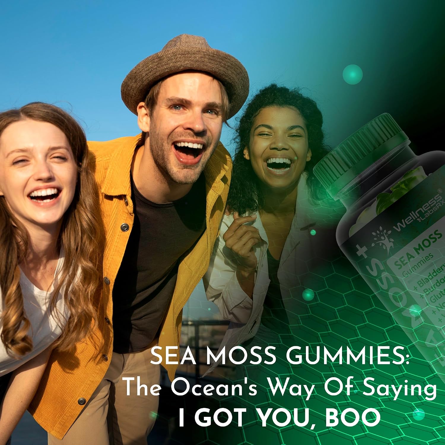 WELLNESS LABSRX Gominolas de Musgo Marino, 3200mg Irish Sea Moss Sabor a Baya Mixta con Bladderwrack y Raíz de Bardana - Apoyo para la Piel, Energía e Inmunidad - 90 Unidades