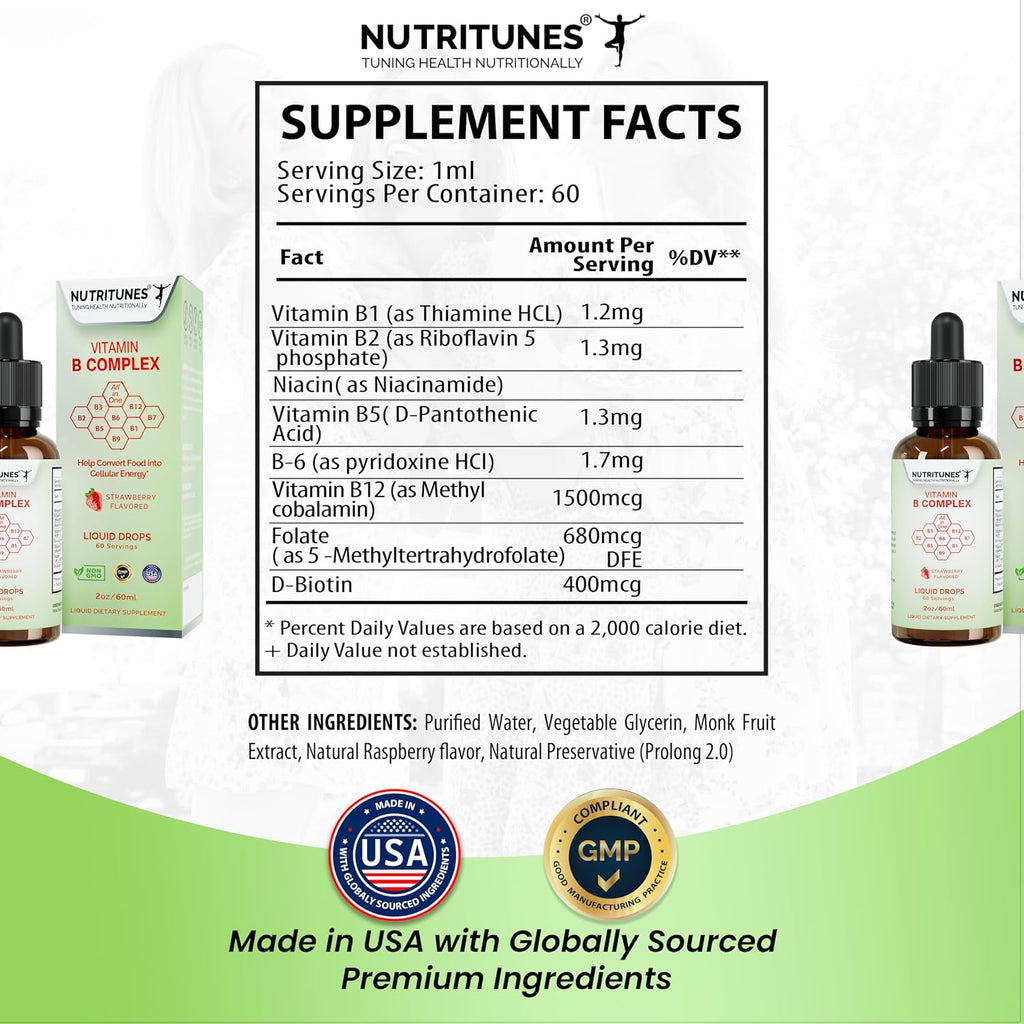 Complejo B Líquido de Alta Potencia – Gotas Completas de Vitaminas B – Sabor Fresa, Sin Azúcar, No GMO – 60 Porciones (60 ml)