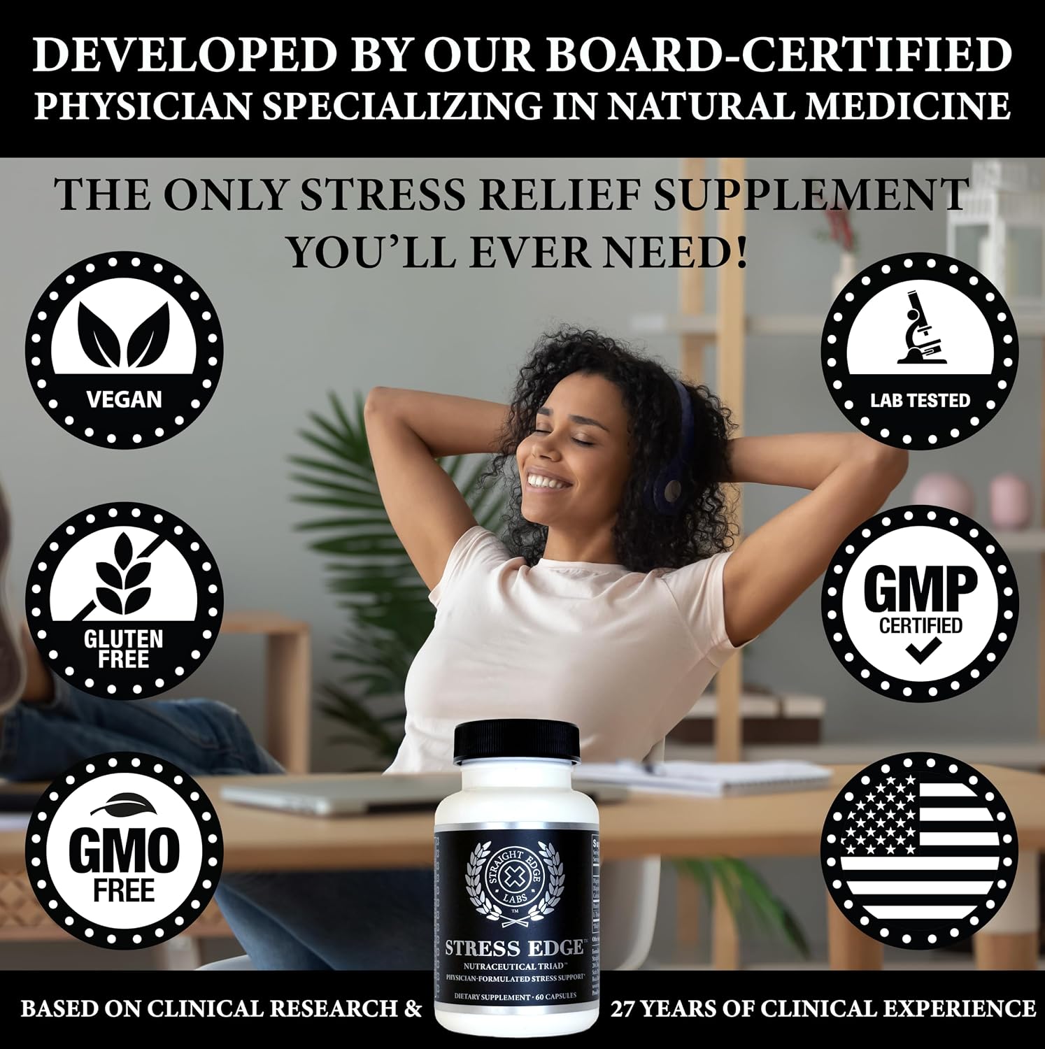 Stress Edge Suplemento para el Alivio del Estrés, Mejorador del Estado de Ánimo Natural, Formulado por Médicos, Calma Mente y Cuerpo, Mejora el Sueño, Acción Rápida, 30 Dosis