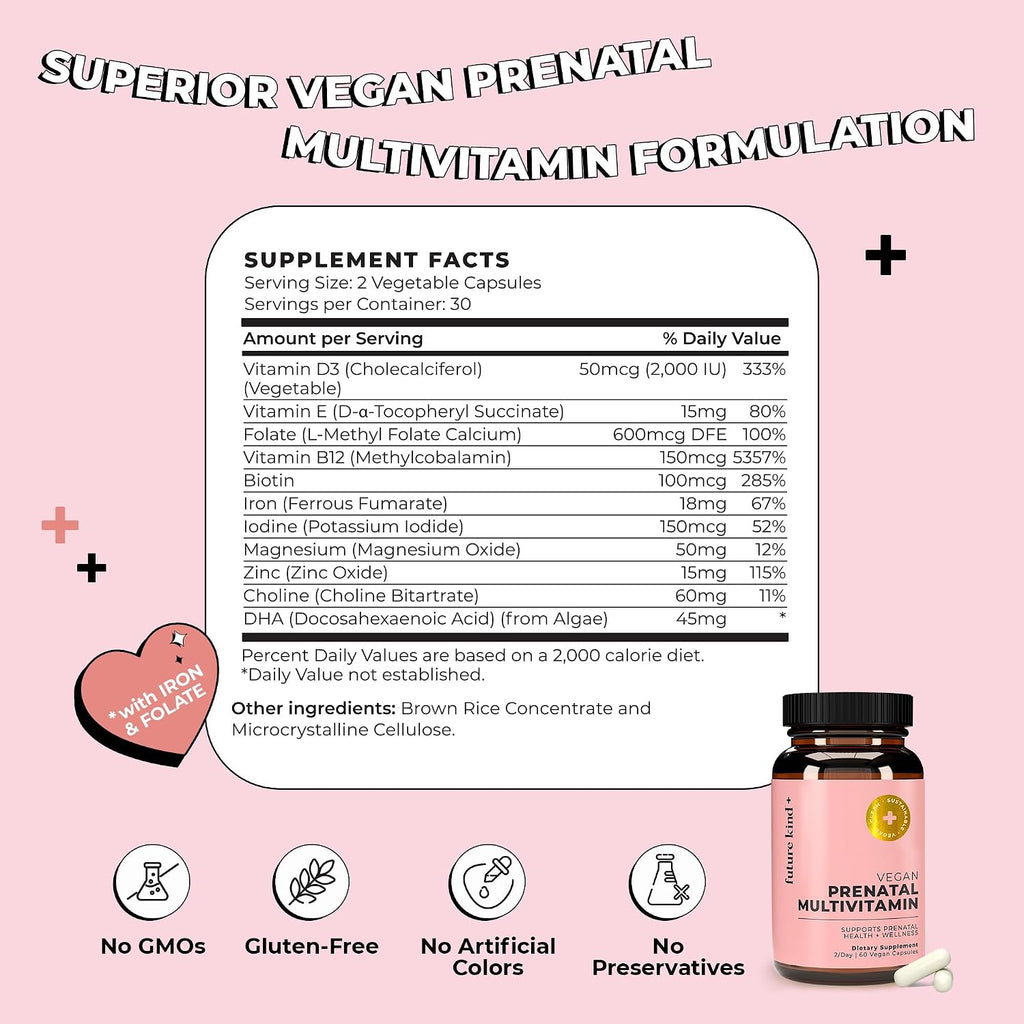 Future Kind Vitamina Prenatal - Embarazo, Lactancia y Bienestar con DHA y L-Metilfolato - Suplemento de Folato para Mujeres con Vitamina D, E, Hierro, Omega-3 y Biotina (60 Cápsulas)