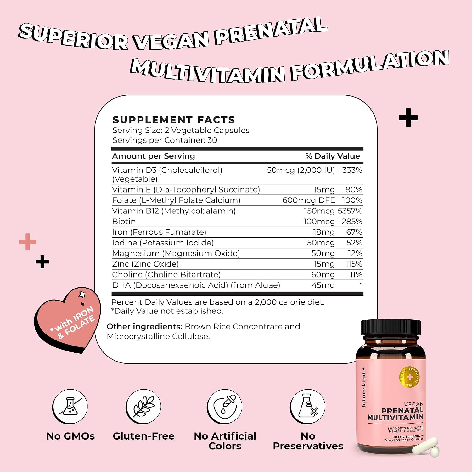 Future Kind Vitamina Prenatal - Embarazo, Lactancia y Bienestar con DHA y L-Metilfolato - Suplemento de Folato para Mujeres con Vitamina D, E, Hierro, Omega-3 y Biotina (60 Cápsulas)