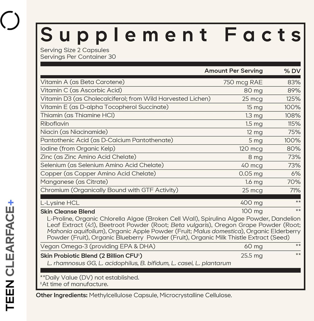 Codeage Teen Clearface - Suplemento para la piel de adolescentes con vitaminas, zinc, probióticos y omega-3 (2 unidades)