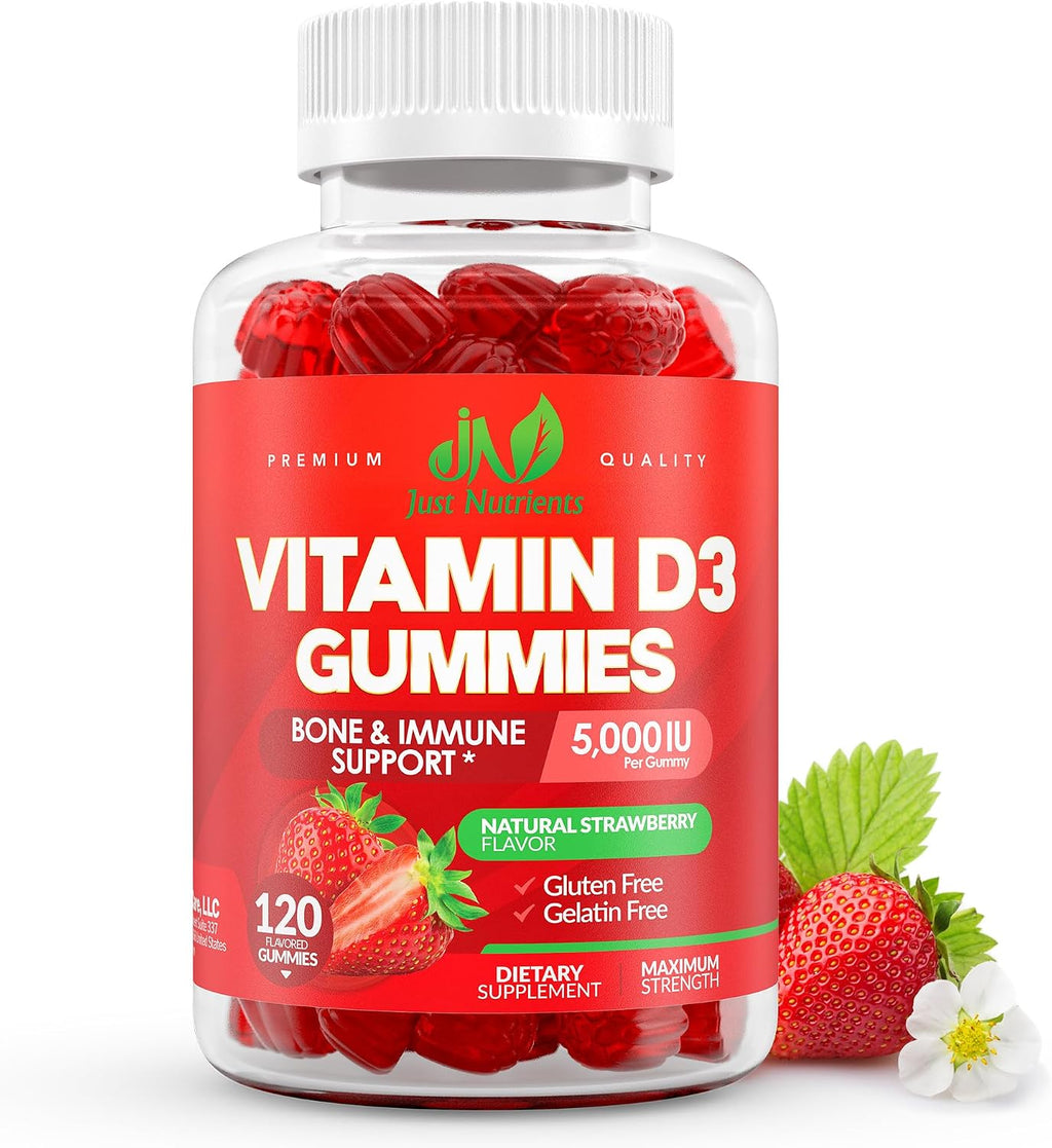 Gomitas de Vitamina D3 5000 UI - Just Nutrients - 120 Gomitas con Sabor a Fresa - Sin Gluten, No GMO