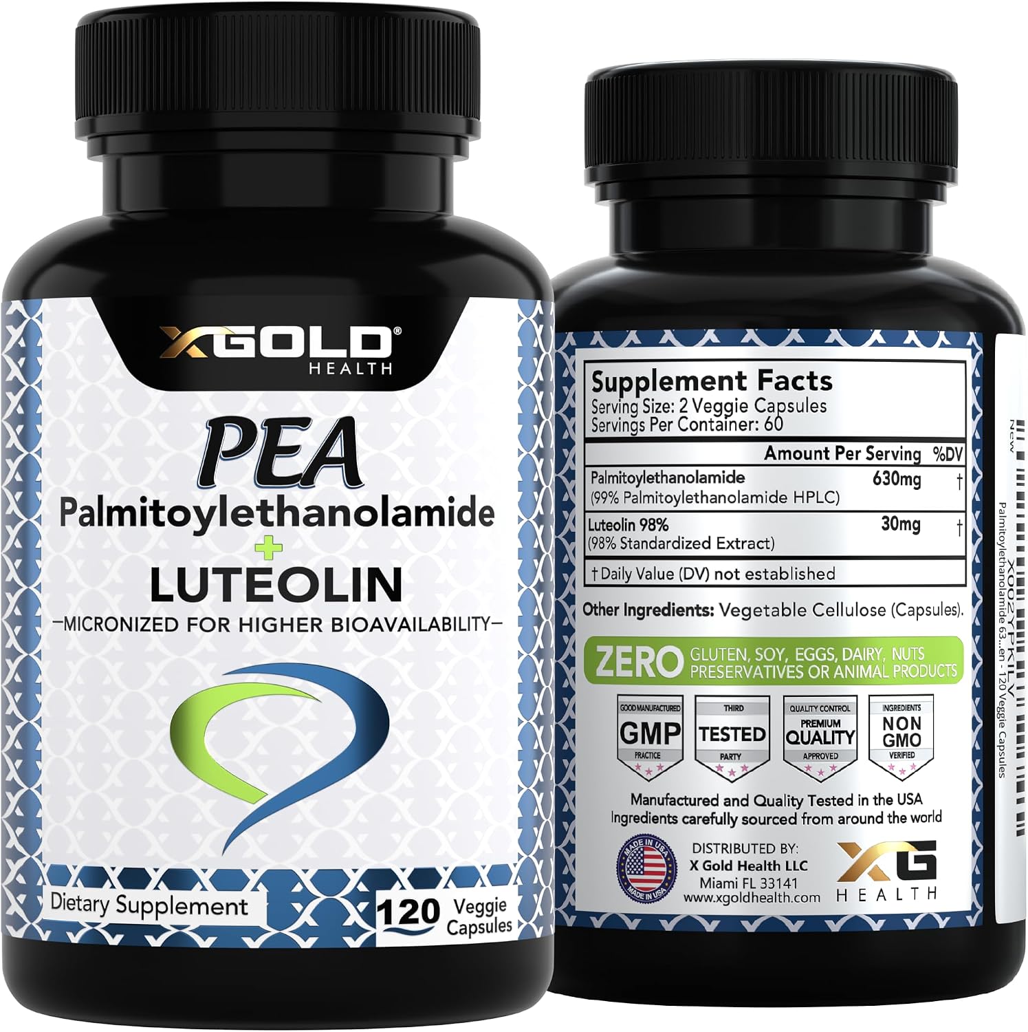 Palmitoiletanolamida 630 mg + Luteolina Estandarizada 98% - Micronizada - 120 Cápsulas Vegetales