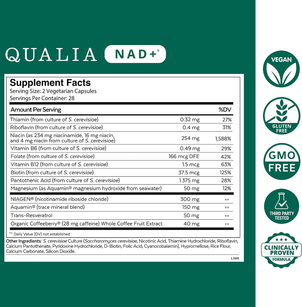 Qualia NAD+ Suplemento — Nicotinamida Ribósido (NIAGEN), Niacina, Niacinamida (1 Mes)