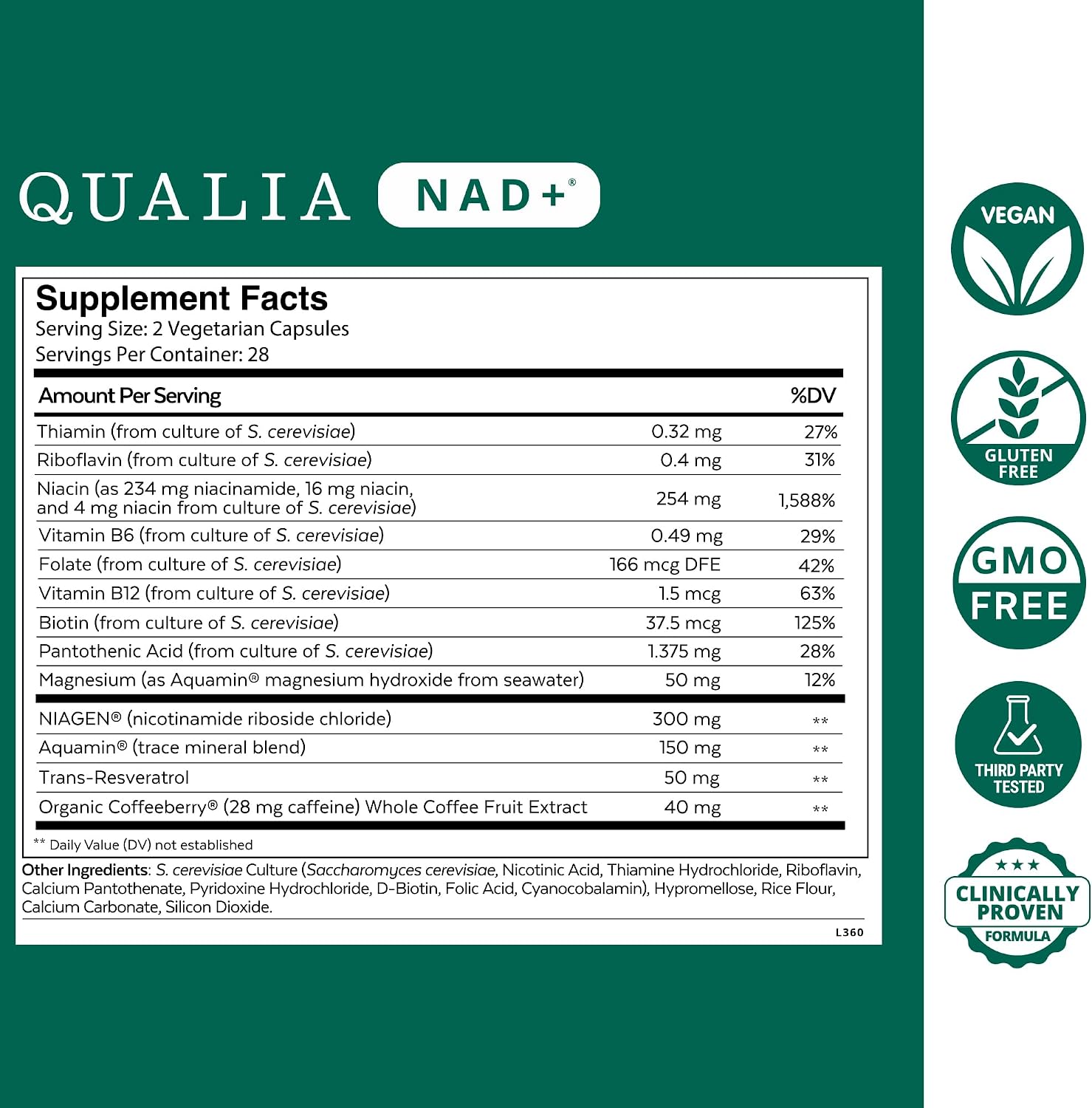 Qualia NAD+ Suplemento — Nicotinamida Ribósido (NIAGEN), Niacina, Niacinamida (1 Mes)