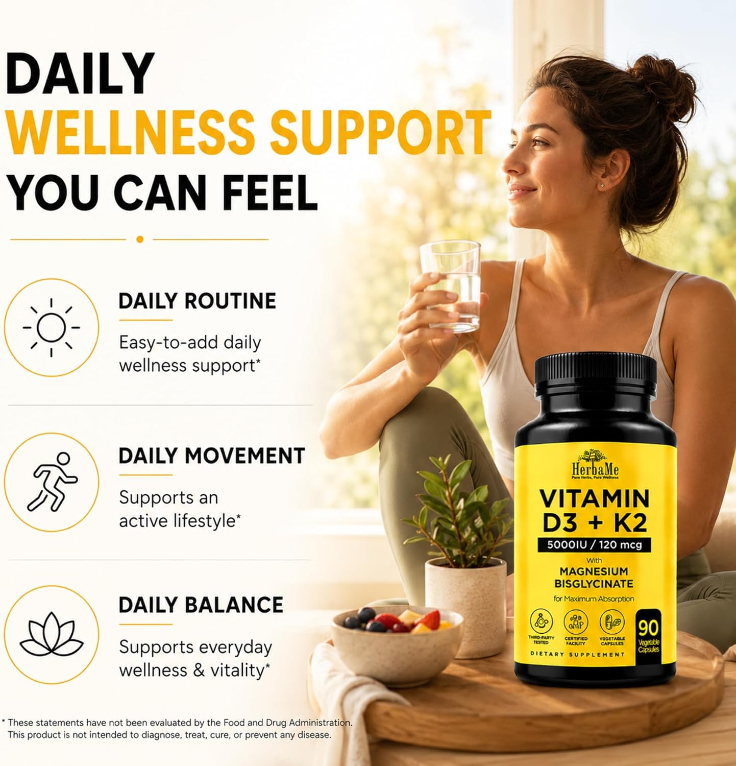 HerbaMe Vitamina D3 5000 UI + K2 con Magnesio Bisglicinato | Salud Ósea, Muscular e Inmune | 90 Cápsulas