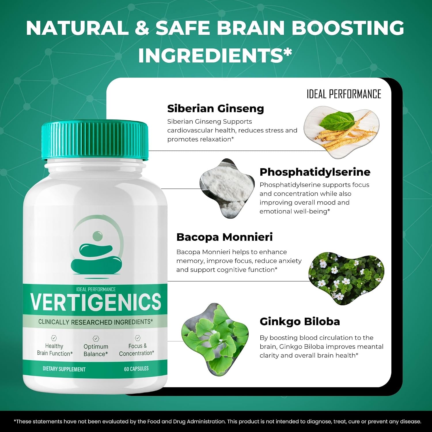 Vertigenics Brain Supplements for Memory and Focus Capsules (5 Pack)