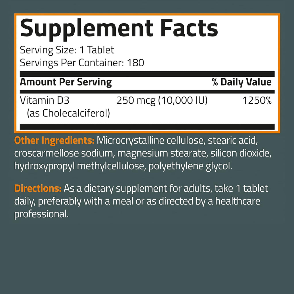Bronson Vitamina D3 10.000 UI (250 mcg) - 180 Comprimidos para el Mantenimiento de la Función Muscular y el Sistema Inmunitario