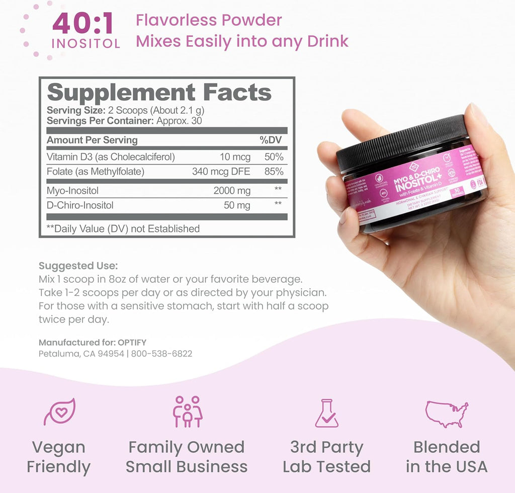 Optify Inositol+ - Myo-Inositol y D-Chiro Inositol 40:1 con Folato y Vitamina D, 63 g