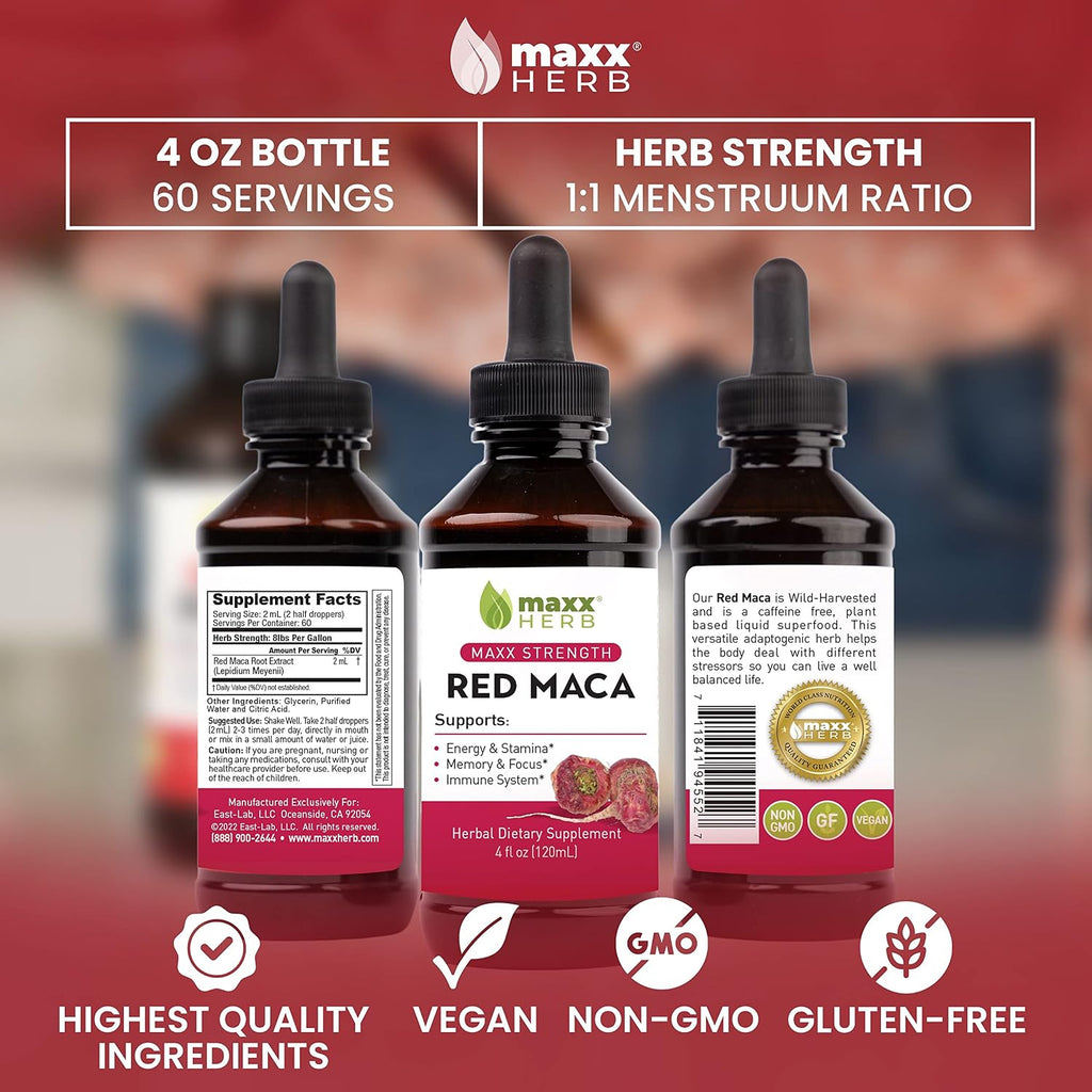 Maxx Herb Extracto de Raíz de Maca Roja - Gotas Líquidas de Máxima Potencia, 118 ml (60 raciones)