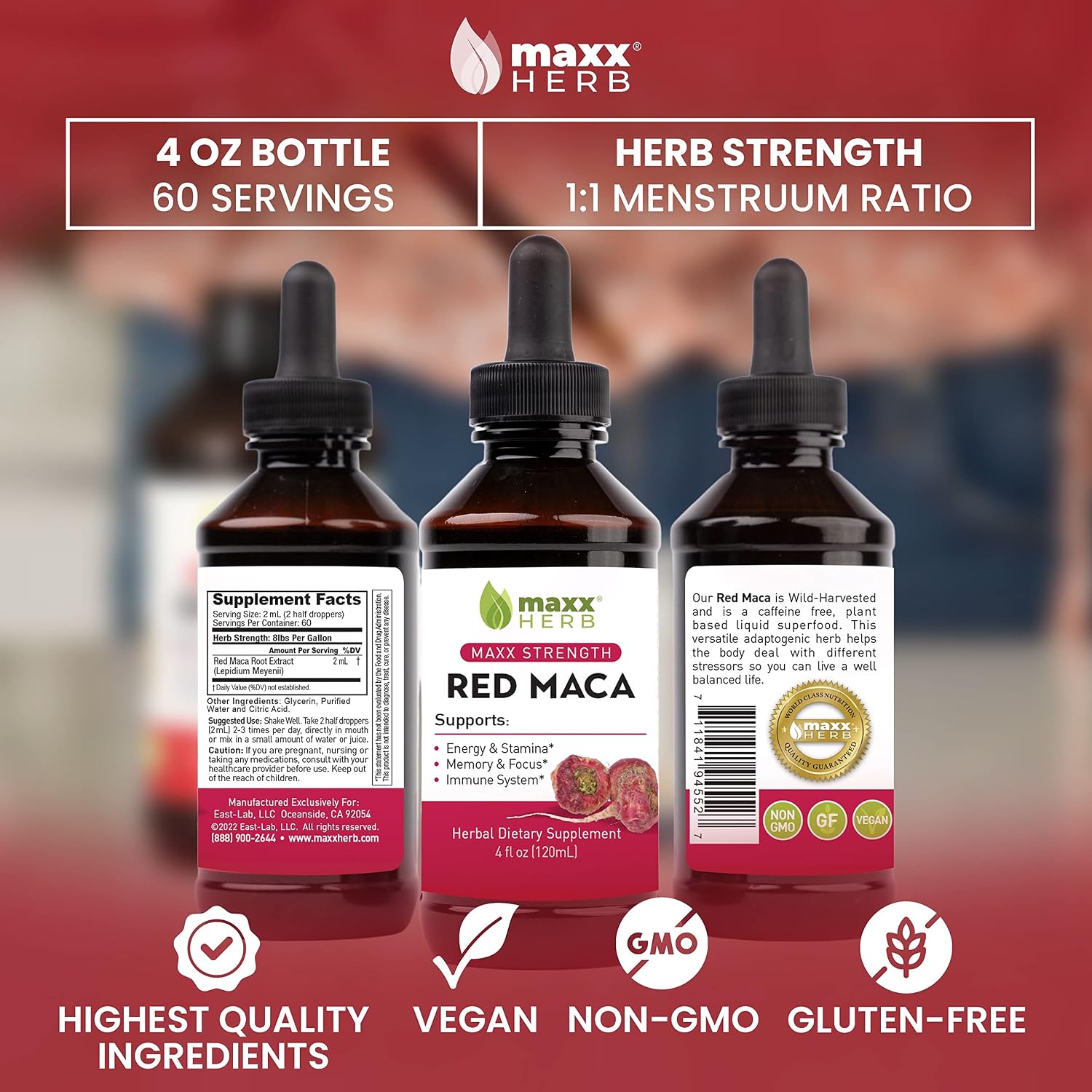 Maxx Herb Extracto de Raíz de Maca Roja - Gotas Líquidas de Máxima Potencia, 118 ml (60 raciones)