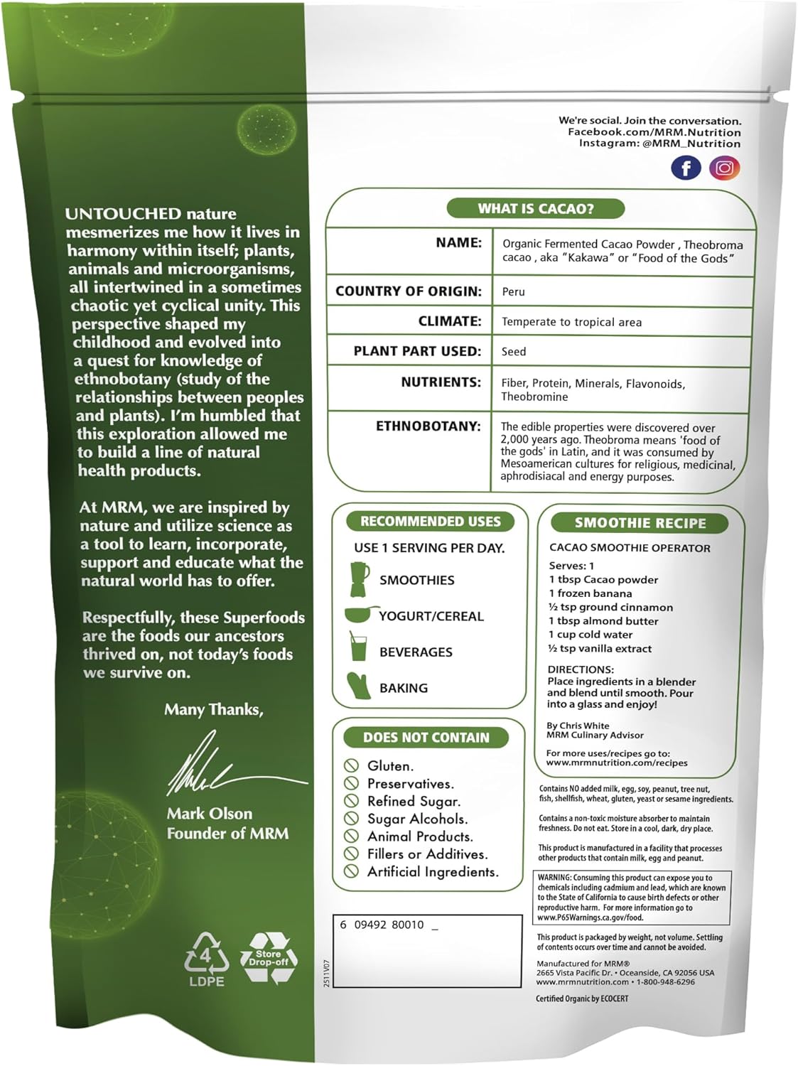 MRM Nutrition Cacao Fermentado Orgánico en Polvo - Superalimento Rico en Flavonoides, 43 Raciones