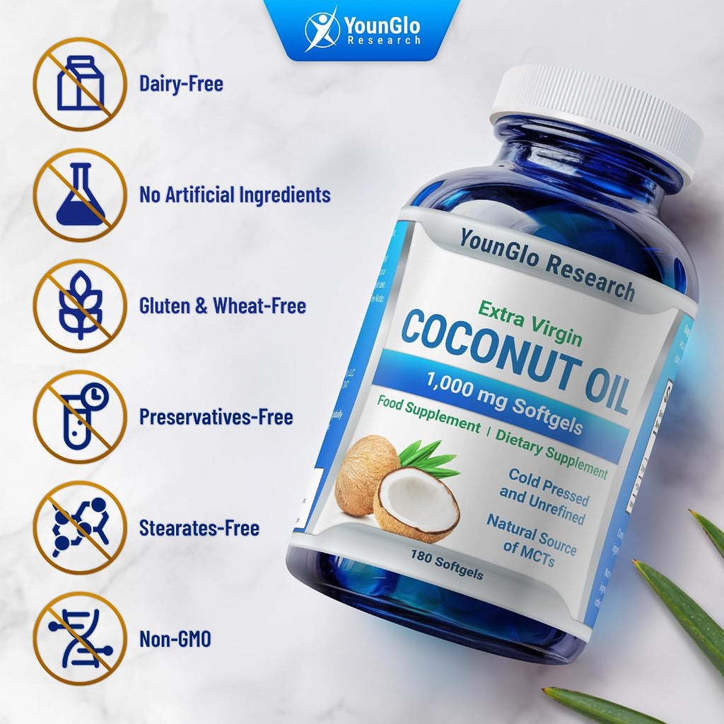 YounGlo Research Coconut Oil 1000 mg 100% Cold Pressed Organic Extra Virgin 180 Veggie Capsules
