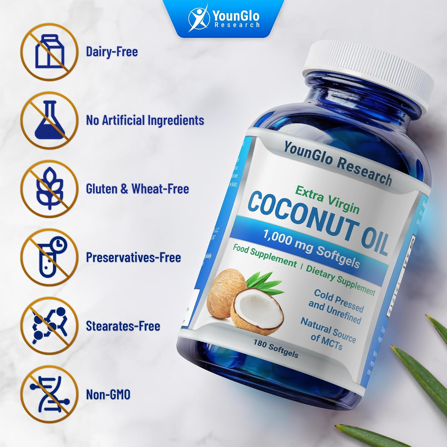 YounGlo Research Coconut Oil 1000 mg 100% Cold Pressed Organic Extra Virgin 180 Veggie Capsules