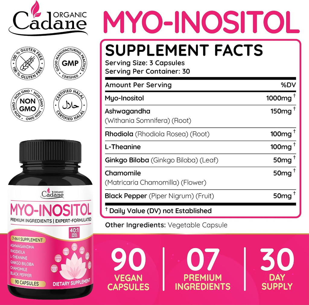 Organic Cadane Myo Inositol con Ashwagandha y Adaptógenos – 90 Cápsulas Veganas