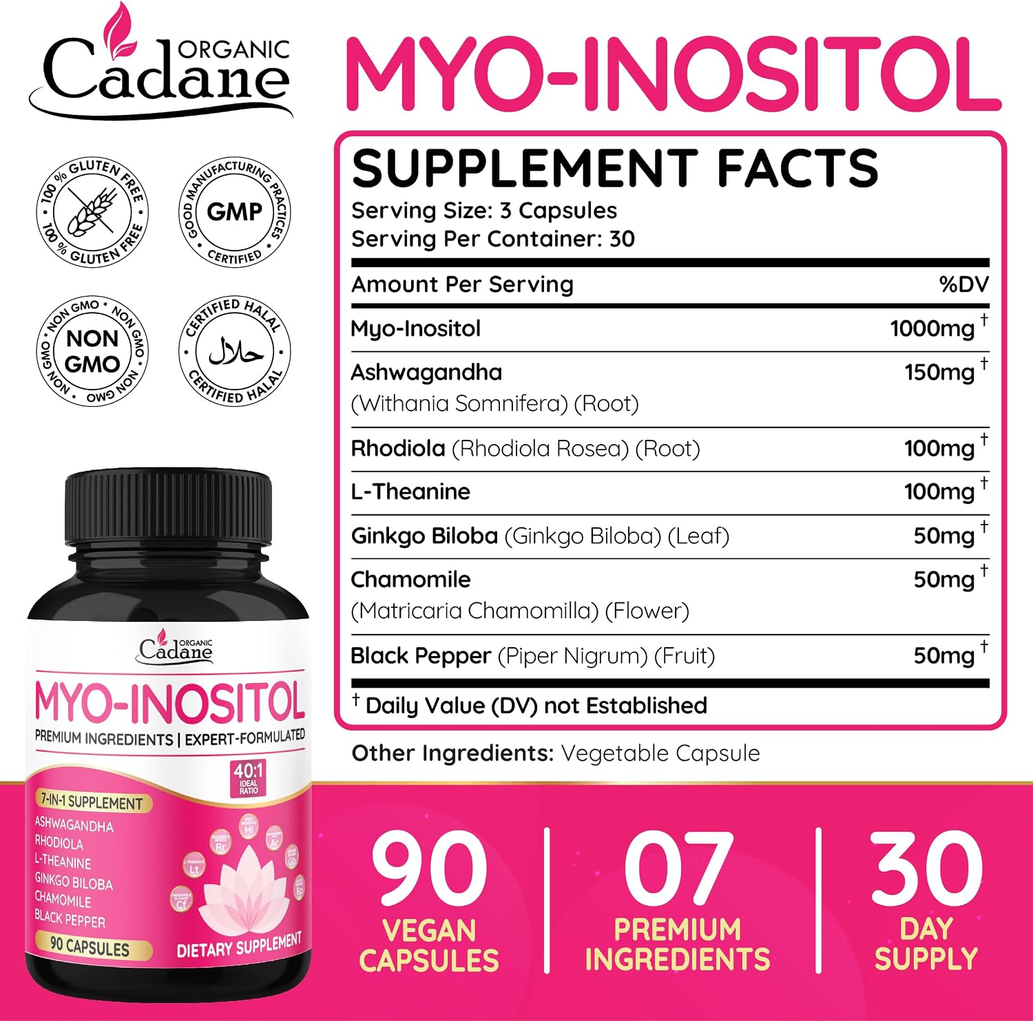 Organic Cadane Myo Inositol con Ashwagandha y Adaptógenos – 90 Cápsulas Veganas