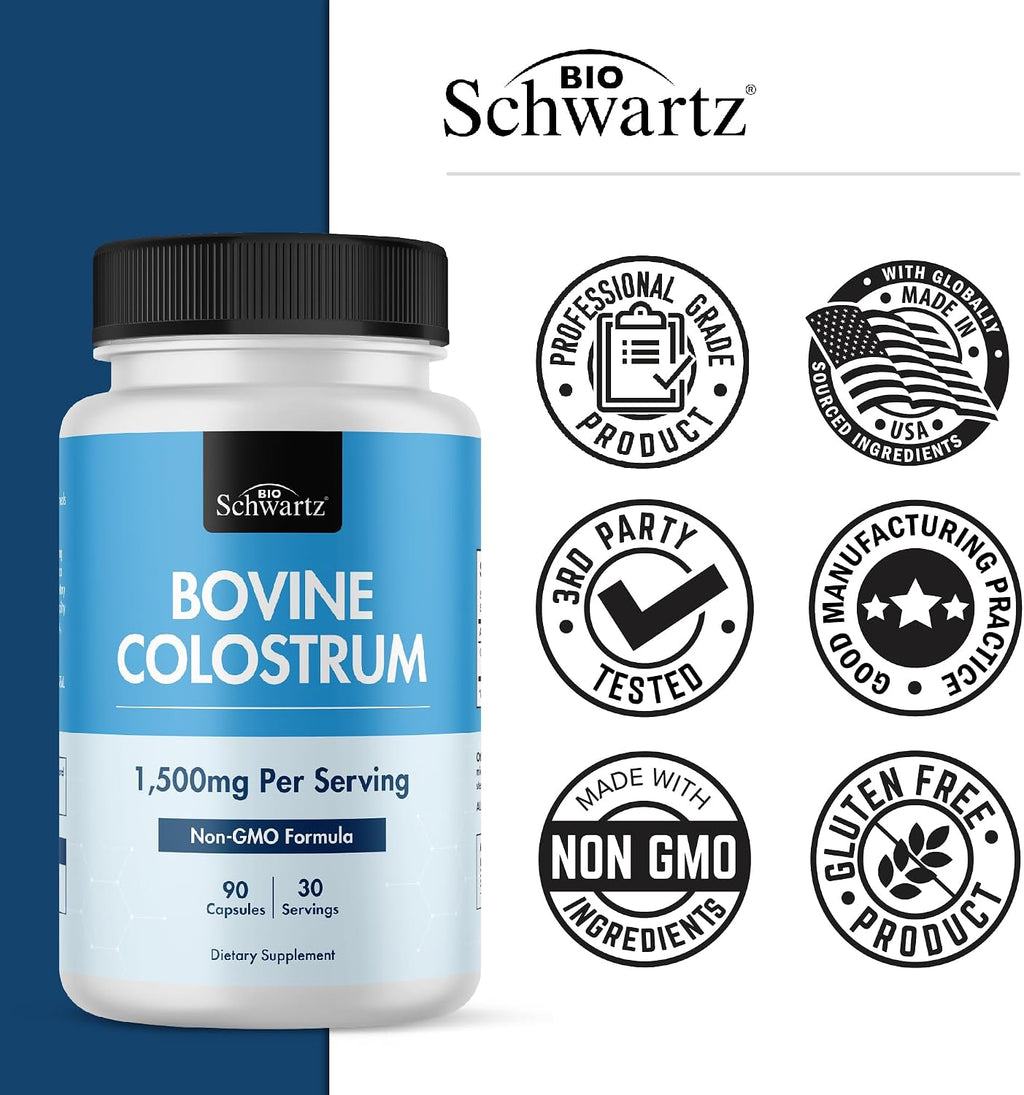 Colostro Bovino Extra Fuerte 1500mg por Dosis – Cápsulas de Colostro de Vaca Alimentada con Pasto – Apoya la Salud Intestinal e Inmunitaria – No-GMO, Sin Gluten, 90 Cápsulas