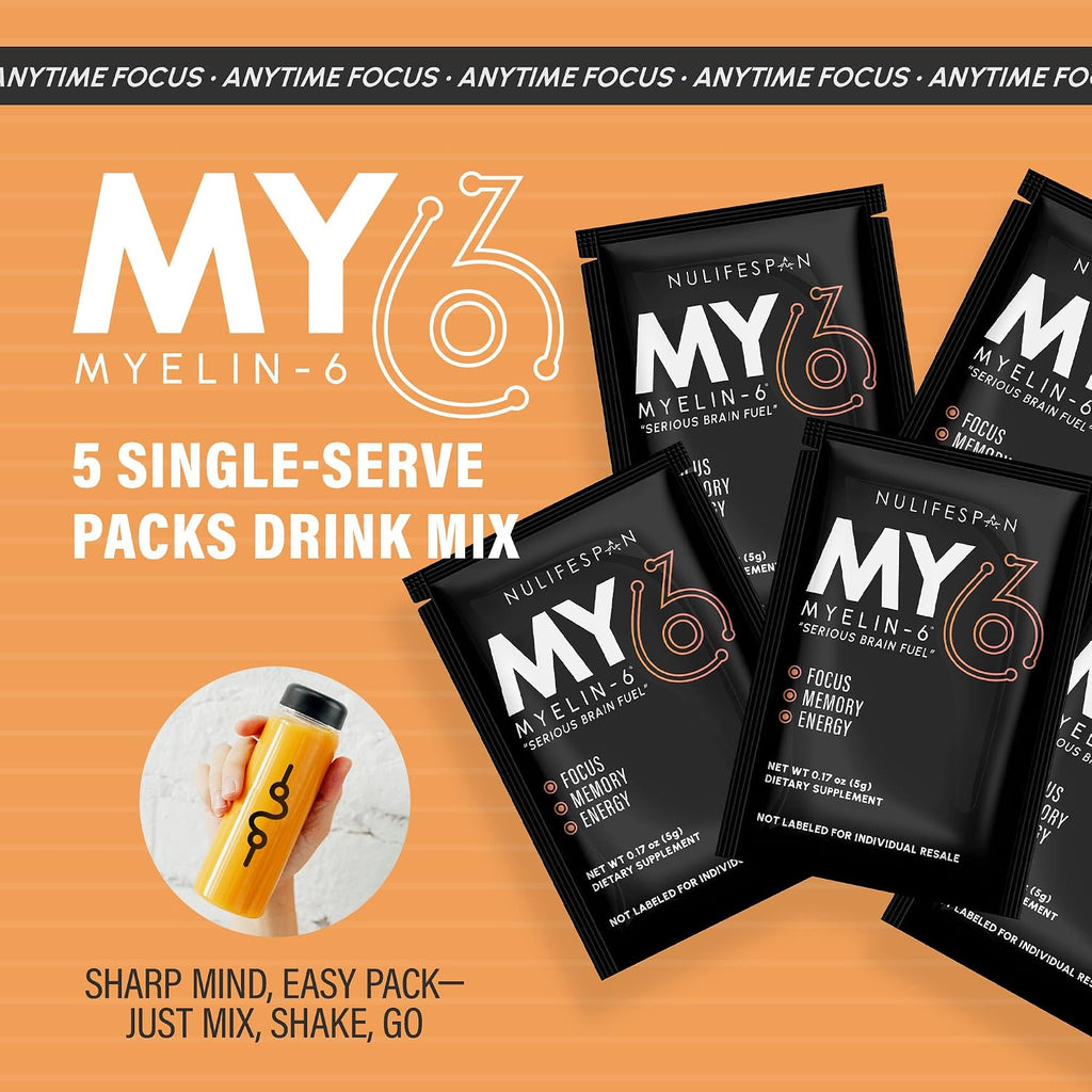 Myelin-6, Pack de Muestras, 5 Sobres Individuales, Suplemento de Concentración y Salud Cerebral con AlphaSize, Sabor Naranja Mandarina, Sin Gluten, No-GMO