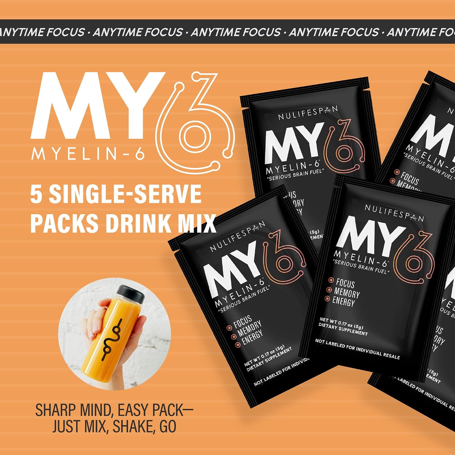 Myelin-6, Pack de Muestras, 5 Sobres Individuales, Suplemento de Concentración y Salud Cerebral con AlphaSize, Sabor Naranja Mandarina, Sin Gluten, No-GMO