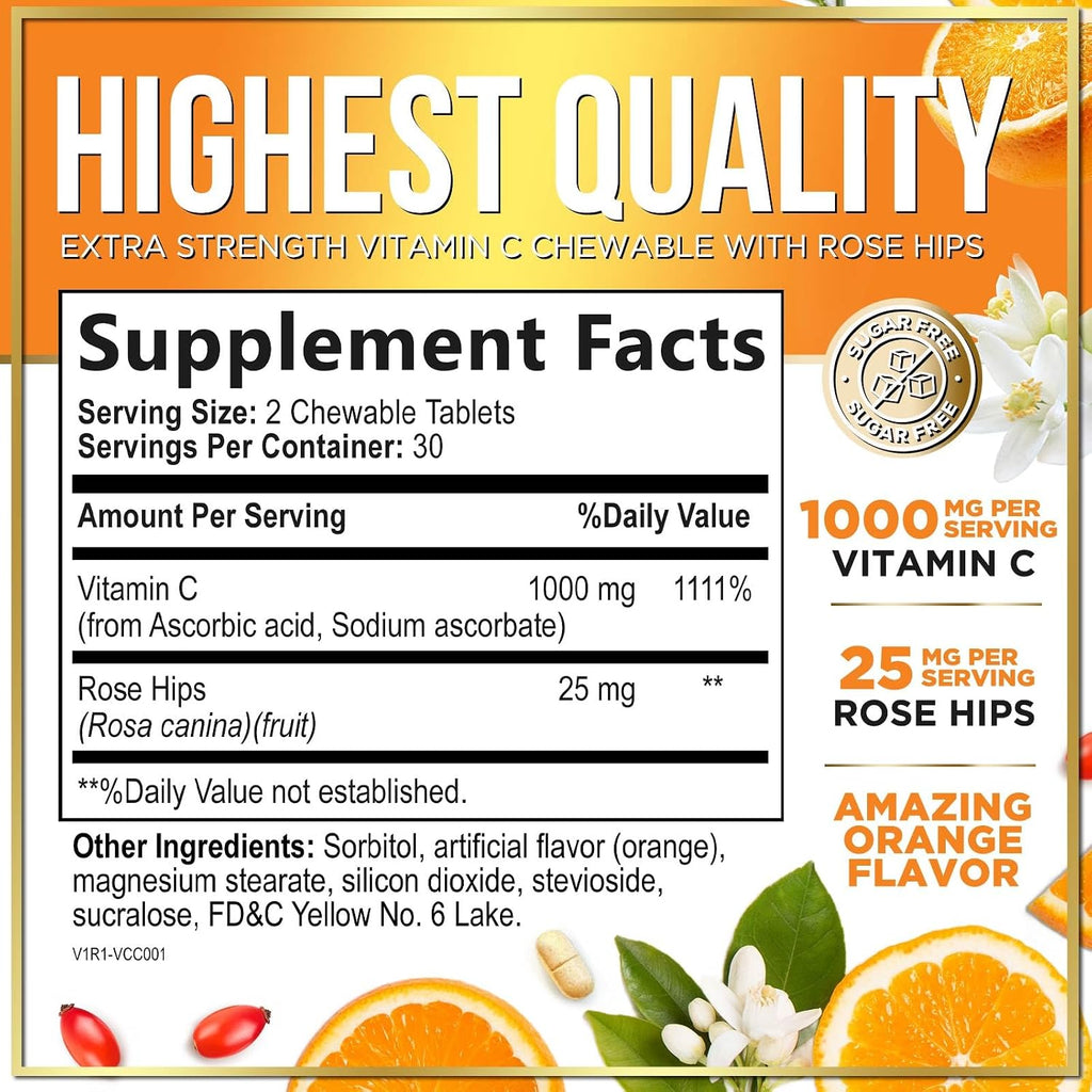 Vitamina C 1000mg con Escaramujo y Bioflavonoides - Suplemento Masticable Sin Azúcar - 60 Comprimidos