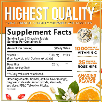 Vitamina C 1000mg con Escaramujo y Bioflavonoides - Suplemento Masticable Sin Azúcar - 60 Comprimidos – Image 2