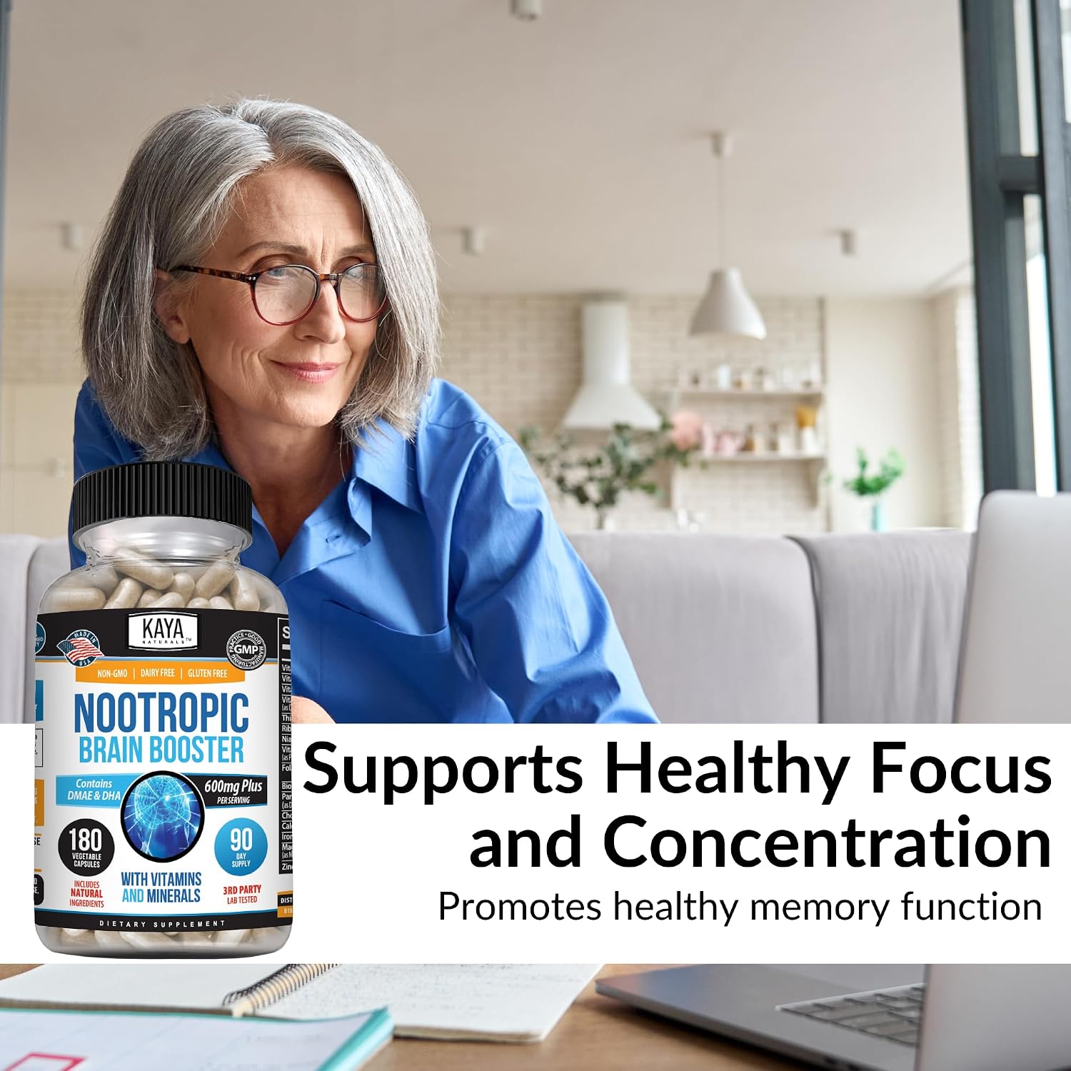 Kaya Naturals - Nootropic Brain Booster - Potenciador Cognitivo para Memoria y Concentración - 180 Cápsulas
