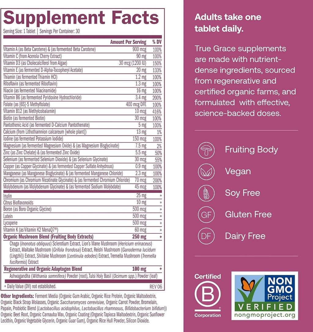 True Grace One Daily Women’s Multivitamin 40+ - Multivitamínico diario con minerales fermentados, adaptógenos y hongos orgánicos - 30 comprimidos veganos