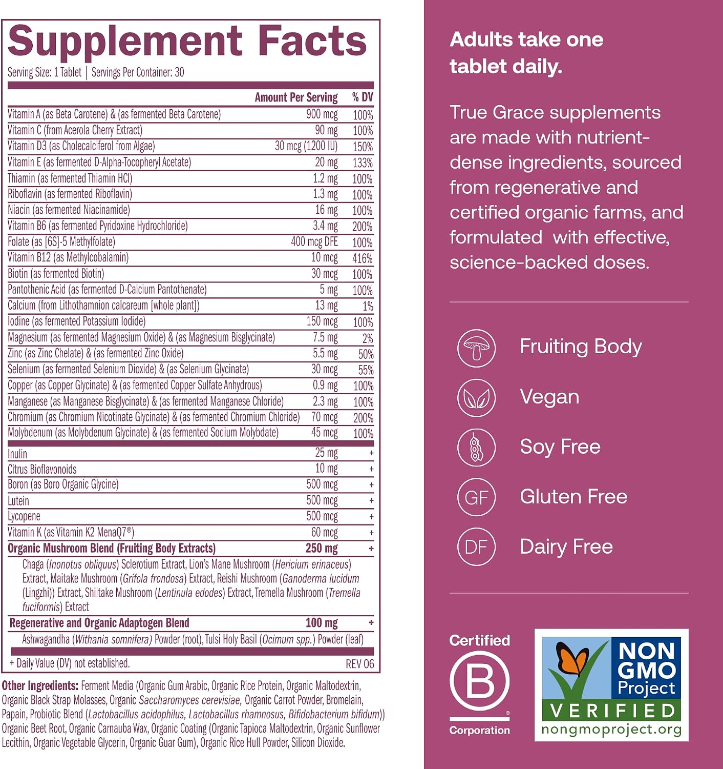 True Grace One Daily Women’s Multivitamin 40+ - Multivitamínico diario con minerales fermentados, adaptógenos y hongos orgánicos - 30 comprimidos veganos