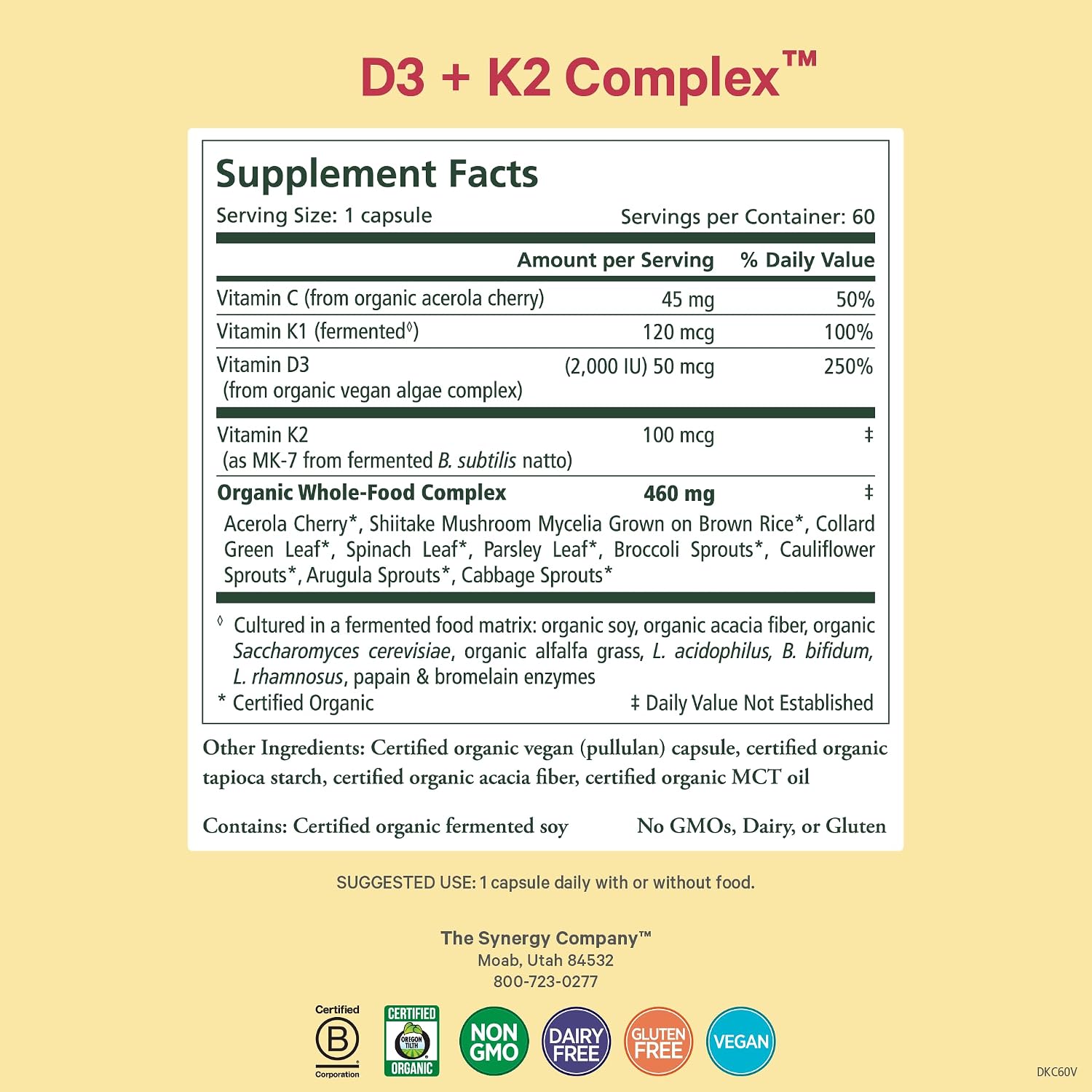 PURE SYNERGY D3 + K2 Complex | Complejo Vegano de Vitamina D3 y K2 con Algas Orgánicas y Alimentos Integrales | 60 Cápsulas