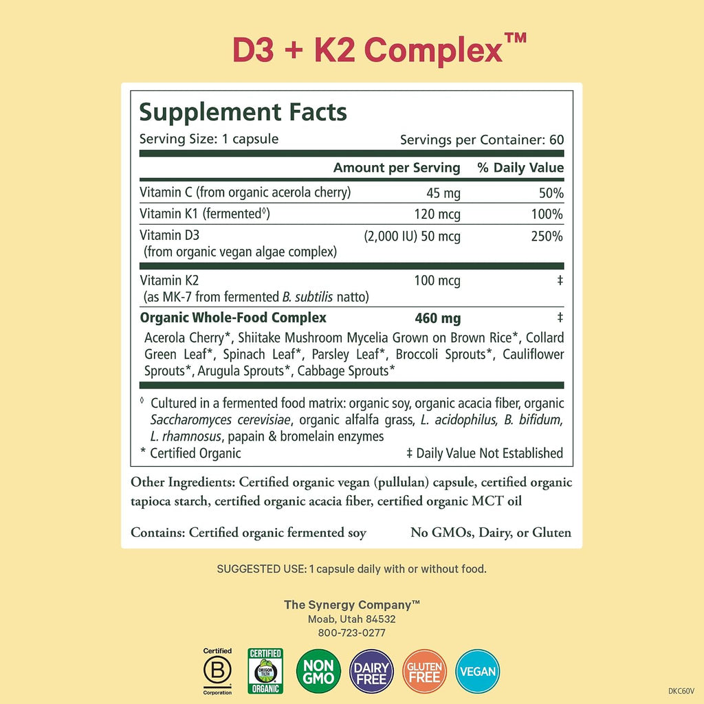 Pure Synergy D3 + K2 Complex | Vitamina D3 y K2 Vegana 60 Cápsulas