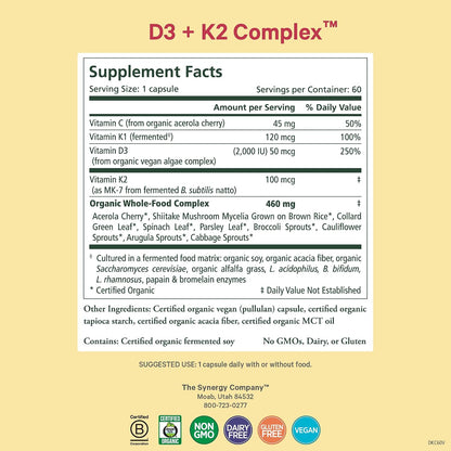 Pure Synergy D3 + K2 Complex | Vitamina D3 y K2 Vegana 60 Cápsulas – Image 2