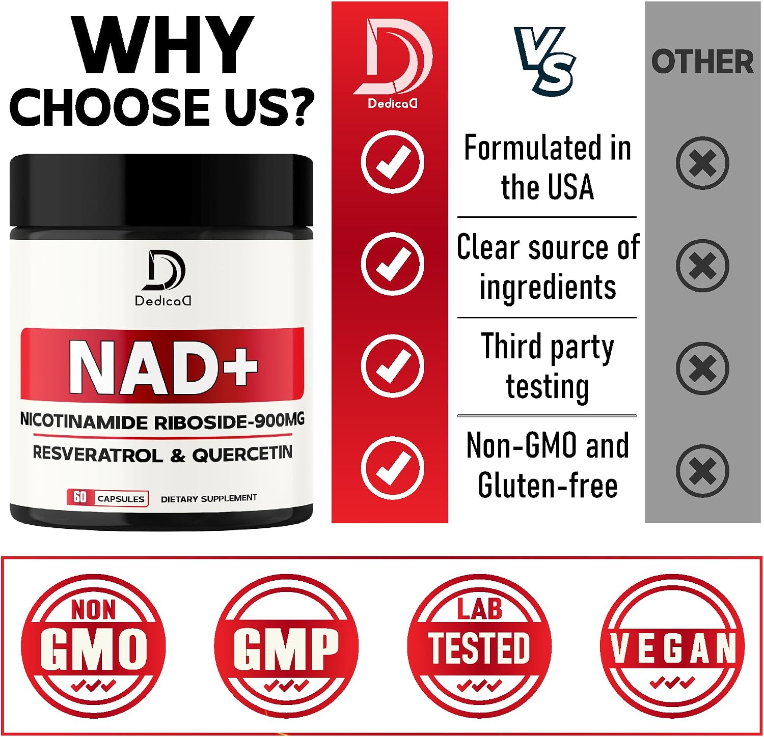 DEDICAD Suplemento NAD con Nicotinamida Ribósido, Trans-Resveratrol y Quercetina - 90 Cápsulas