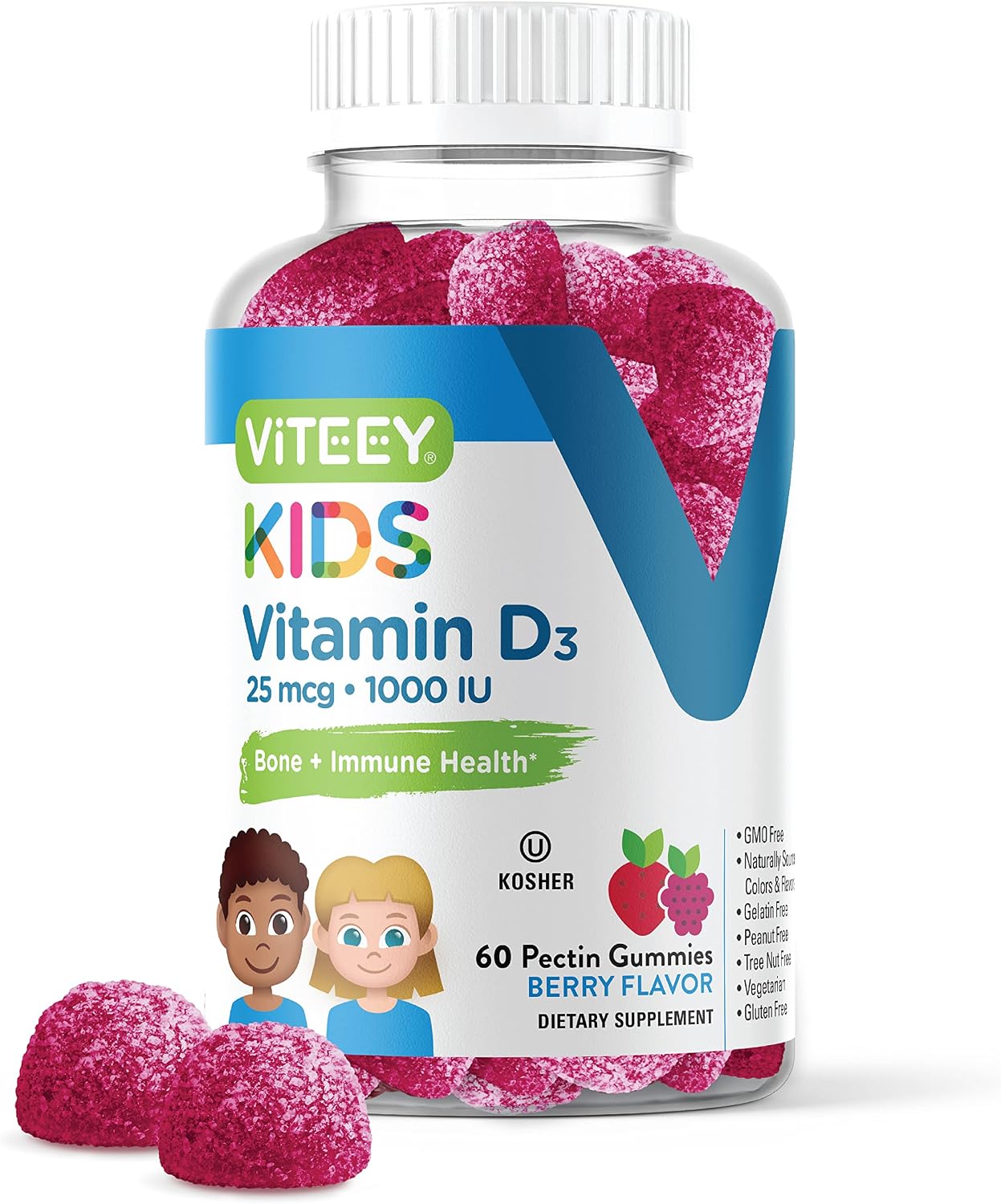 Viteey Vitamin D3 Gominolas para Niños 25mcg (1000 UI) - Sabor a Bayas - 120 Gominolas