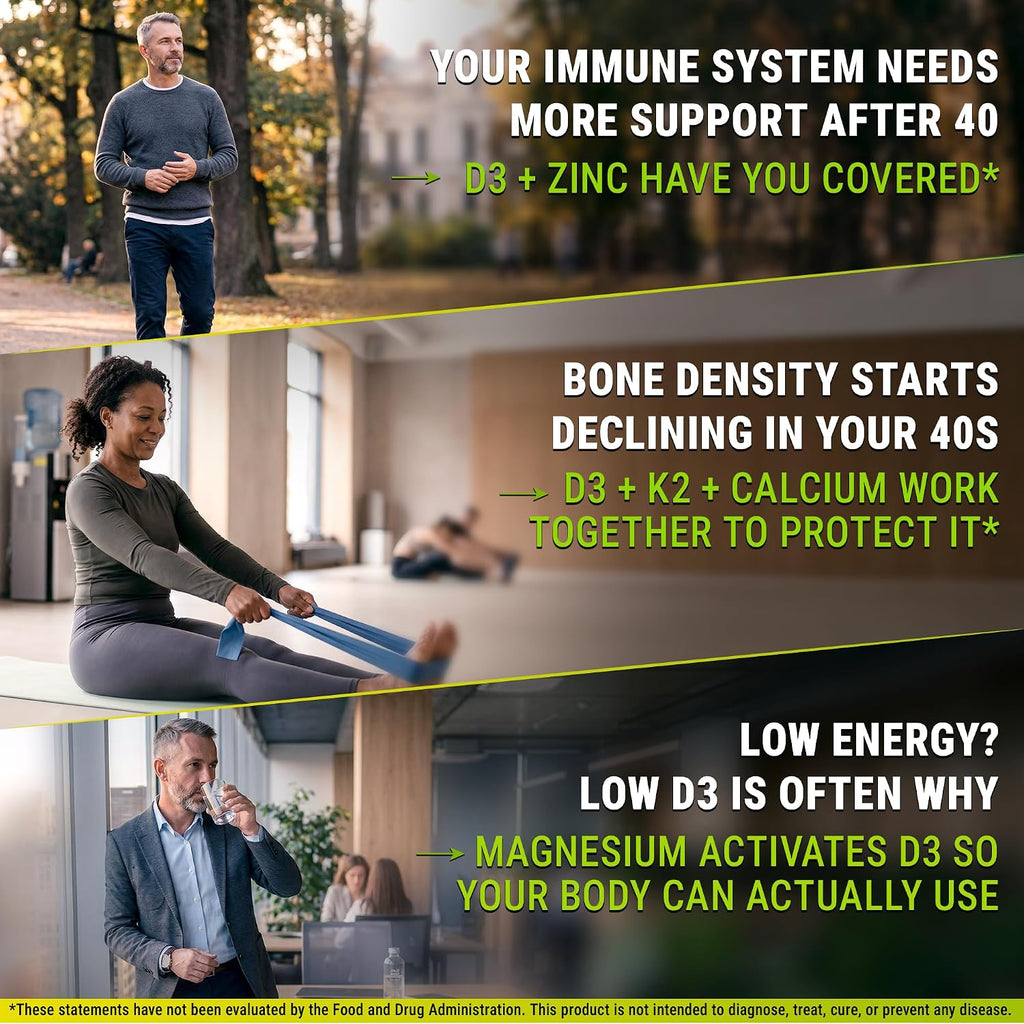 Vitamina D3 K2 con Magnesio, Zinc y Calcio | 10.000 UI D3, 200 mcg K2 MK7, 1500 mg Magnesio Glicinato | Vegano, Non-GMO