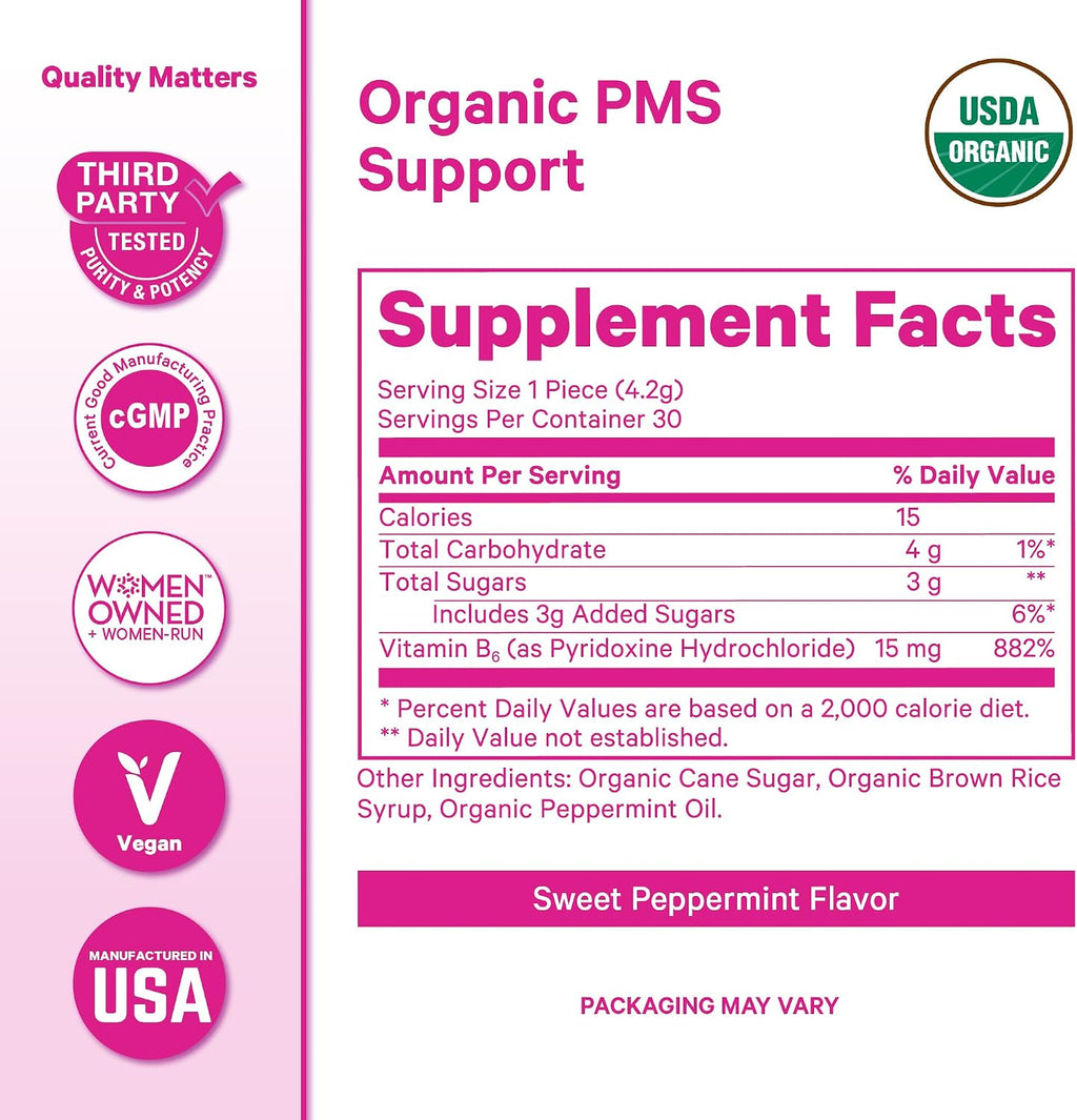 Pink Stork Organic PMS Support Sweets - Caramelos Orgánicos con Vitamina B6 y Menta Piperita para el Síndrome Premenstrual - 30 Unidades