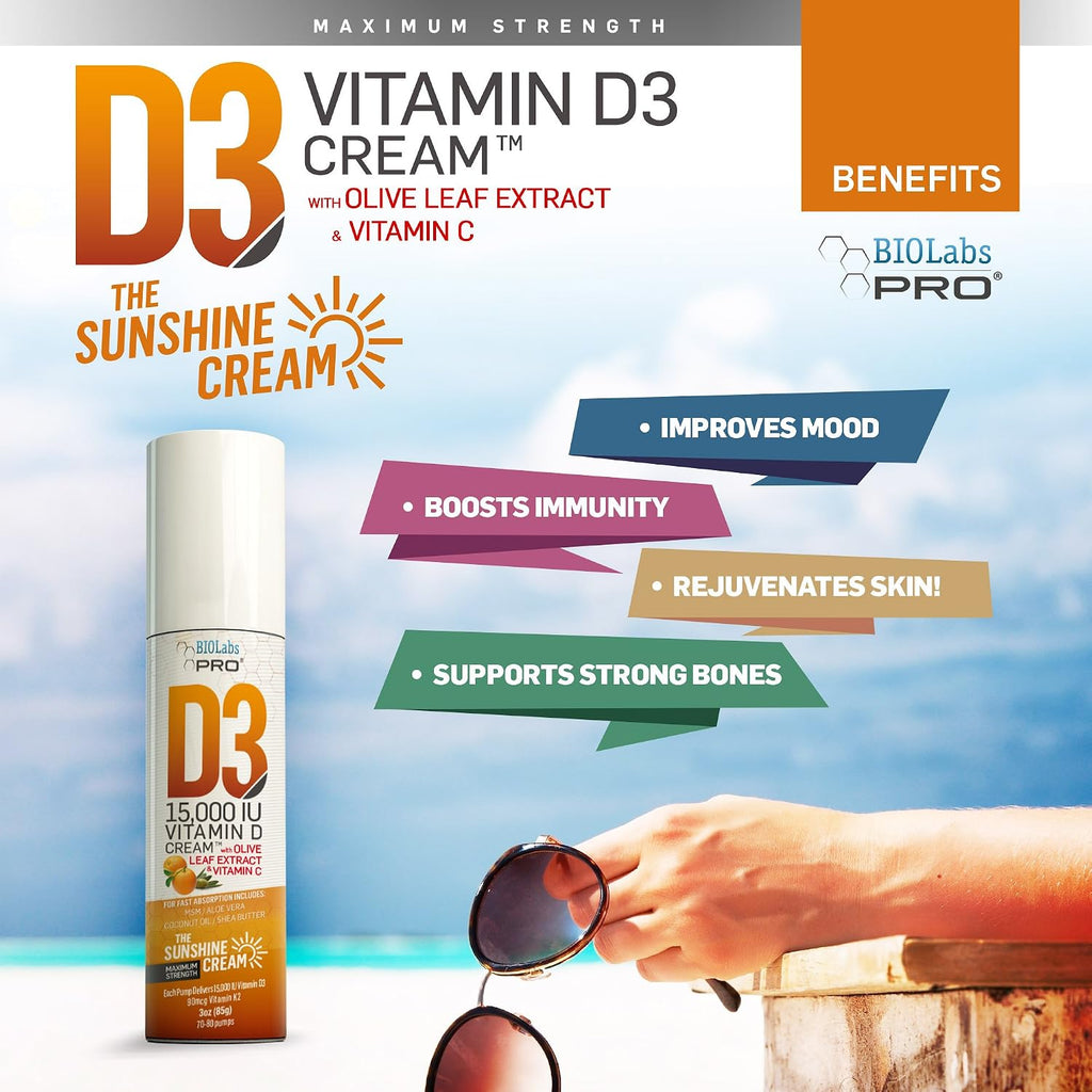 BIOLABS PRO Crema de Vitamina D3 15000 UI con K2 y Extracto de Hoja de Olivo - Máxima Potencia - Natural (85g)